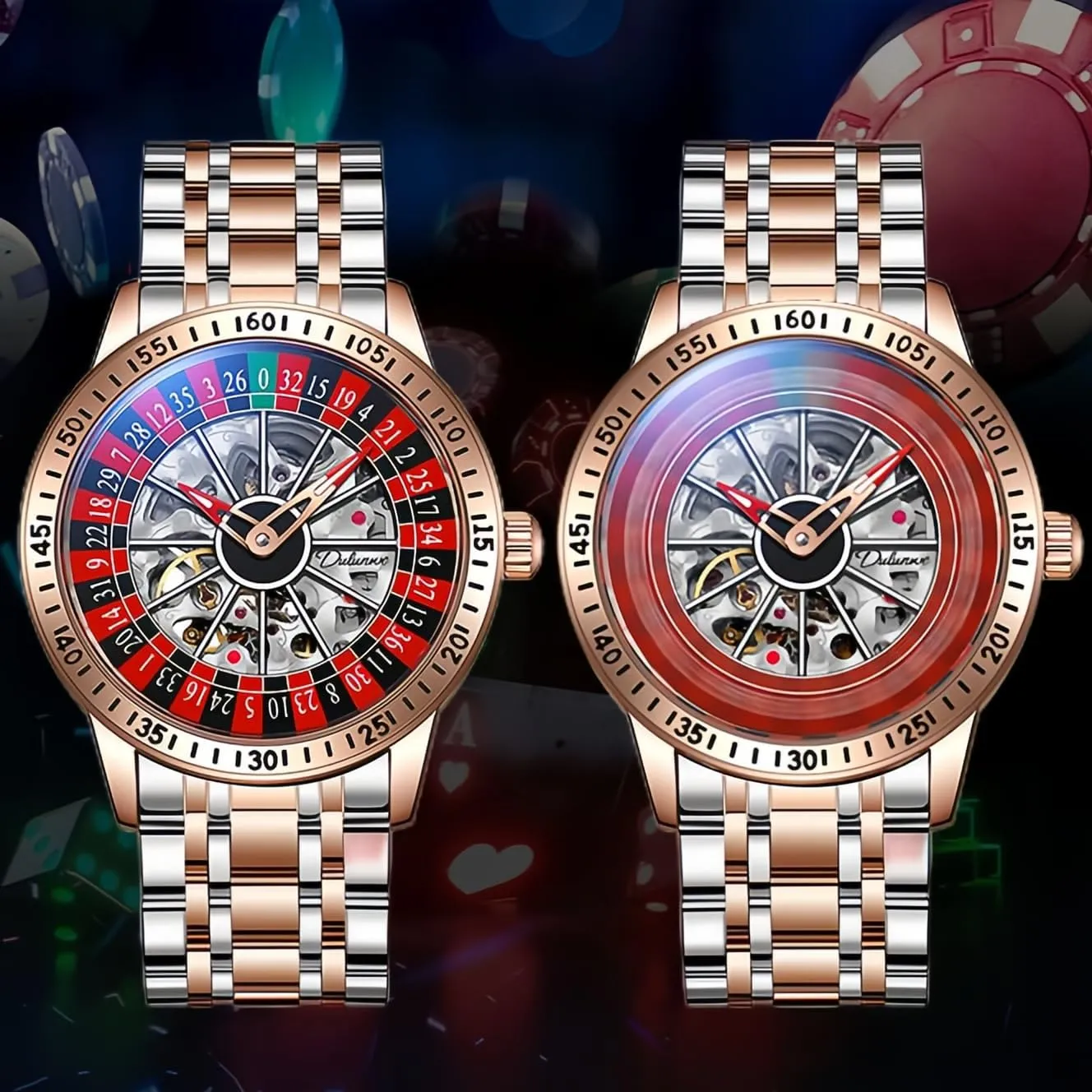 CARLIEN Mens Gambling Automatic Mechanical Skeleton Hollow Waterproof Luminous Watch Stainless Steel Band Self Winding Roulette Wheel Business Casual Wristwatch