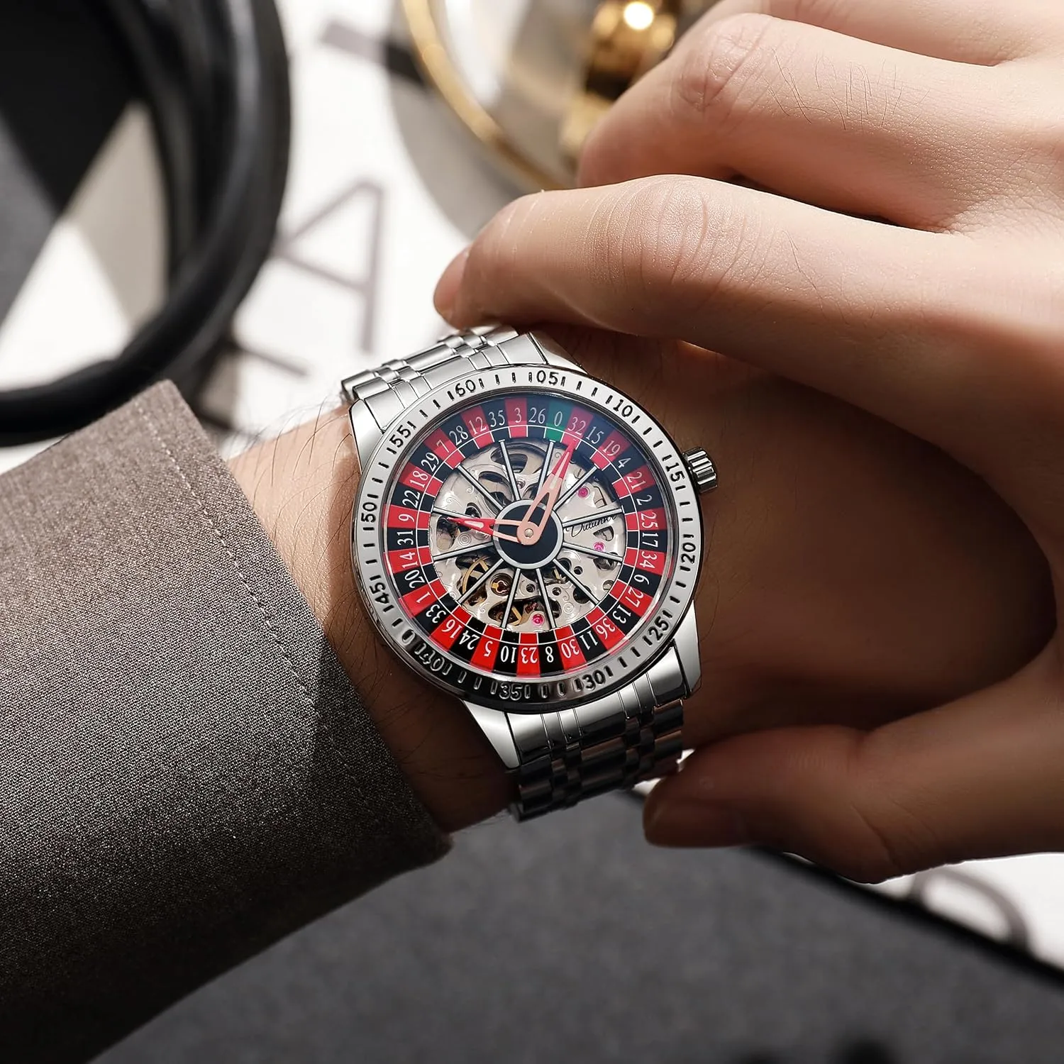 CARLIEN Mens Gambling Automatic Mechanical Skeleton Hollow Waterproof Luminous Watch Stainless Steel Band Self Winding Roulette Wheel Business Casual Wristwatch