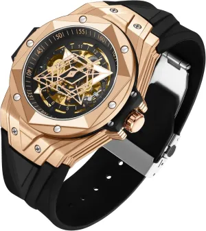 CARLIEN Men's Stylish Unique Automatic Mechanical Silicone Watch Analog Waterproof Luminous Sports Casual Wristwatch Black Rubber Strap