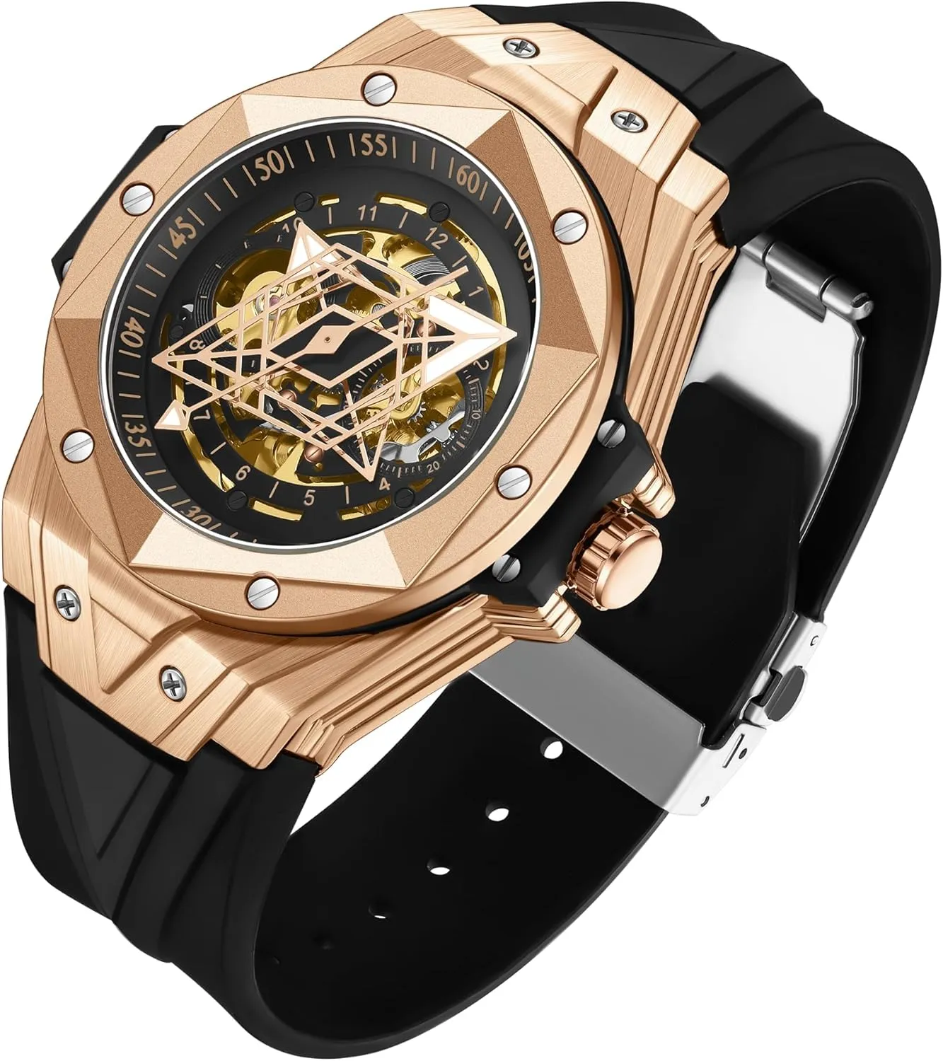 CARLIEN Men's Stylish Unique Automatic Mechanical Silicone Watch Analog Waterproof Luminous Sports Casual Wristwatch Black Rubber Strap
