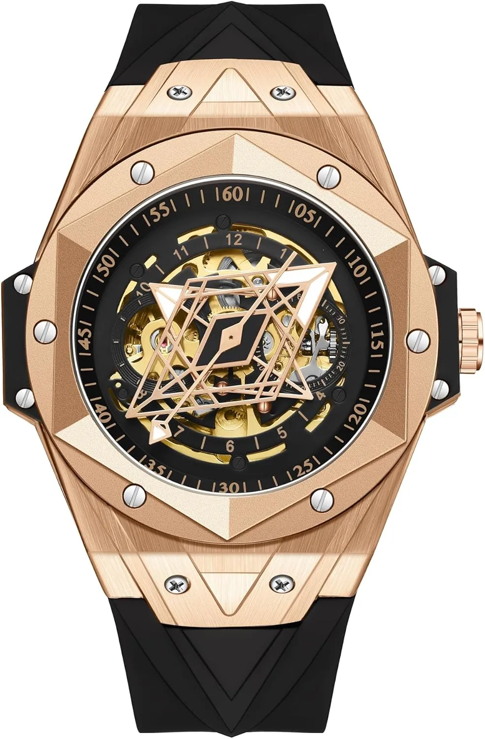 CARLIEN Men's Stylish Unique Automatic Mechanical Silicone Watch Analog Waterproof Luminous Sports Casual Wristwatch Black Rubber Strap