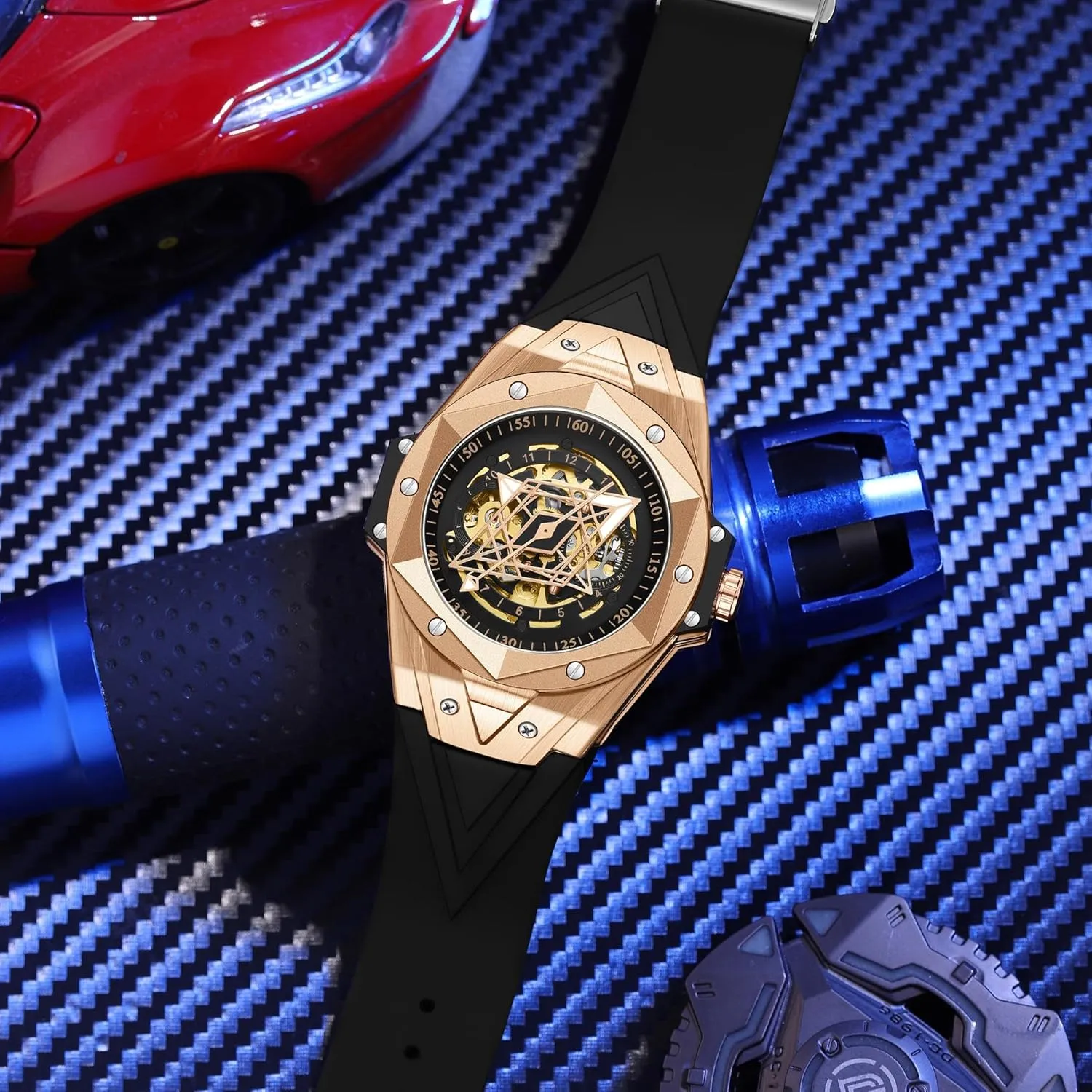 CARLIEN Men's Stylish Unique Automatic Mechanical Silicone Watch Analog Waterproof Luminous Sports Casual Wristwatch Black Rubber Strap