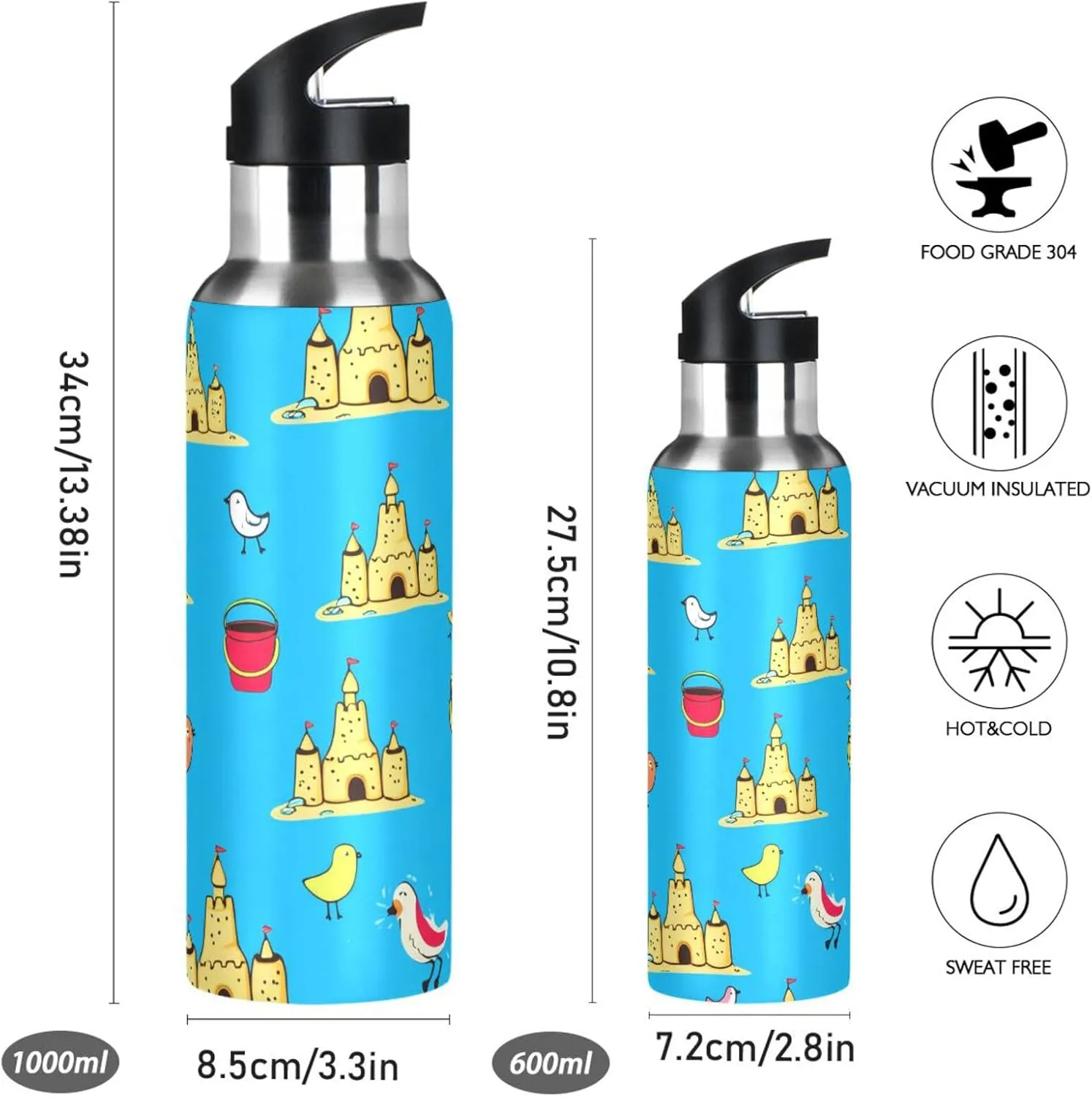 Cartoon Beach Hut Sports Water Bottle with Straw, 22oz BPA Free Stainless Steel Vacuum Insulated Bottle for Gym Fitness Outdoor