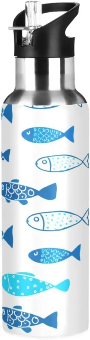 Cartoon Fish Sports Water Bottle with Straw, 22oz BPA Free Stainless Steel Vacuum Insulated Bottle for Gym Fitness Outdoor