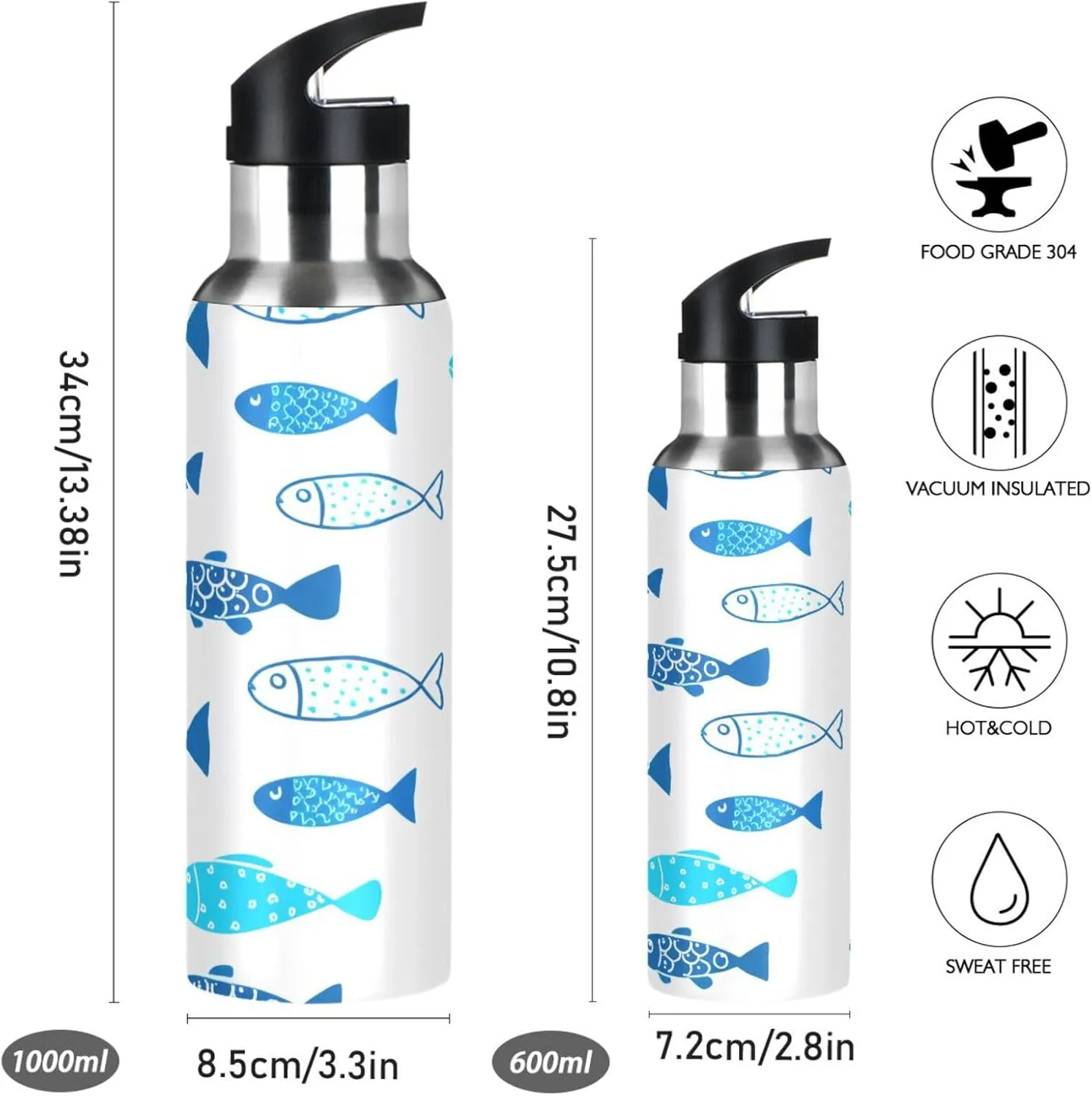 Cartoon Fish Sports Water Bottle with Straw, 22oz BPA Free Stainless Steel Vacuum Insulated Bottle for Gym Fitness Outdoor