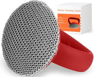 Cast Iron Cleaner Brush with Heavy Duty Handle, 3mm Soldered Fine Chain Mail Scrubber - Small Ring Chainmail Pan Pot Scrubber Metal Scrub Brush for Skillet, Cast Iron Griddle Cleaning