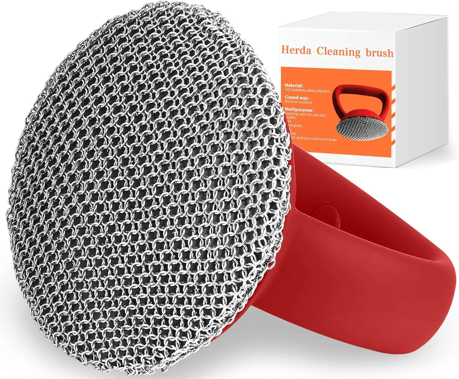 Cast Iron Cleaner Brush with Heavy Duty Handle, 3mm Soldered Fine Chain Mail Scrubber - Small Ring Chainmail Pan Pot Scrubber Metal Scrub Brush for Skillet, Cast Iron Griddle Cleaning
