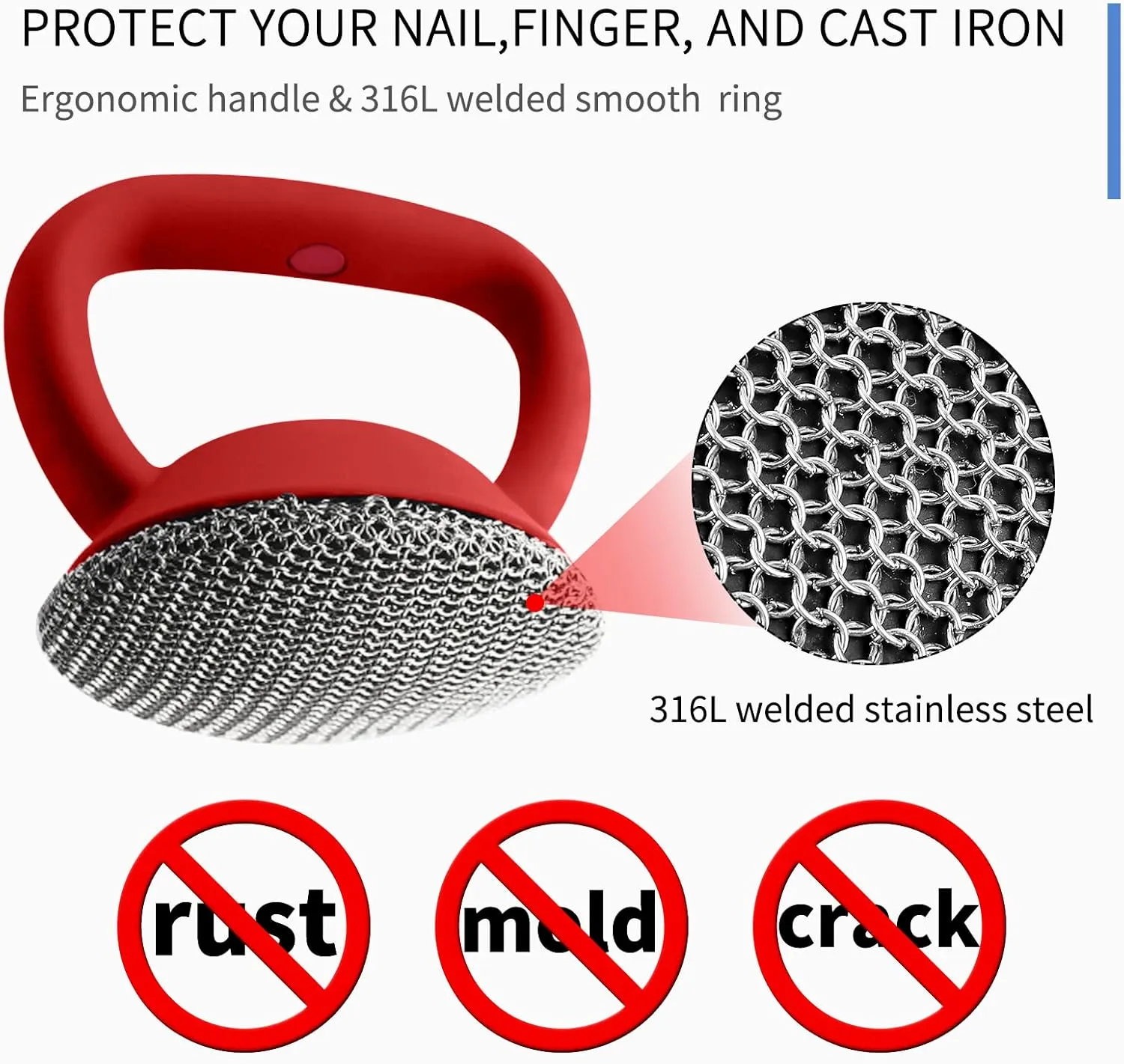 Cast Iron Cleaner Brush with Heavy Duty Handle, 3mm Soldered Fine Chain Mail Scrubber - Small Ring Chainmail Pan Pot Scrubber Metal Scrub Brush for Skillet, Cast Iron Griddle Cleaning
