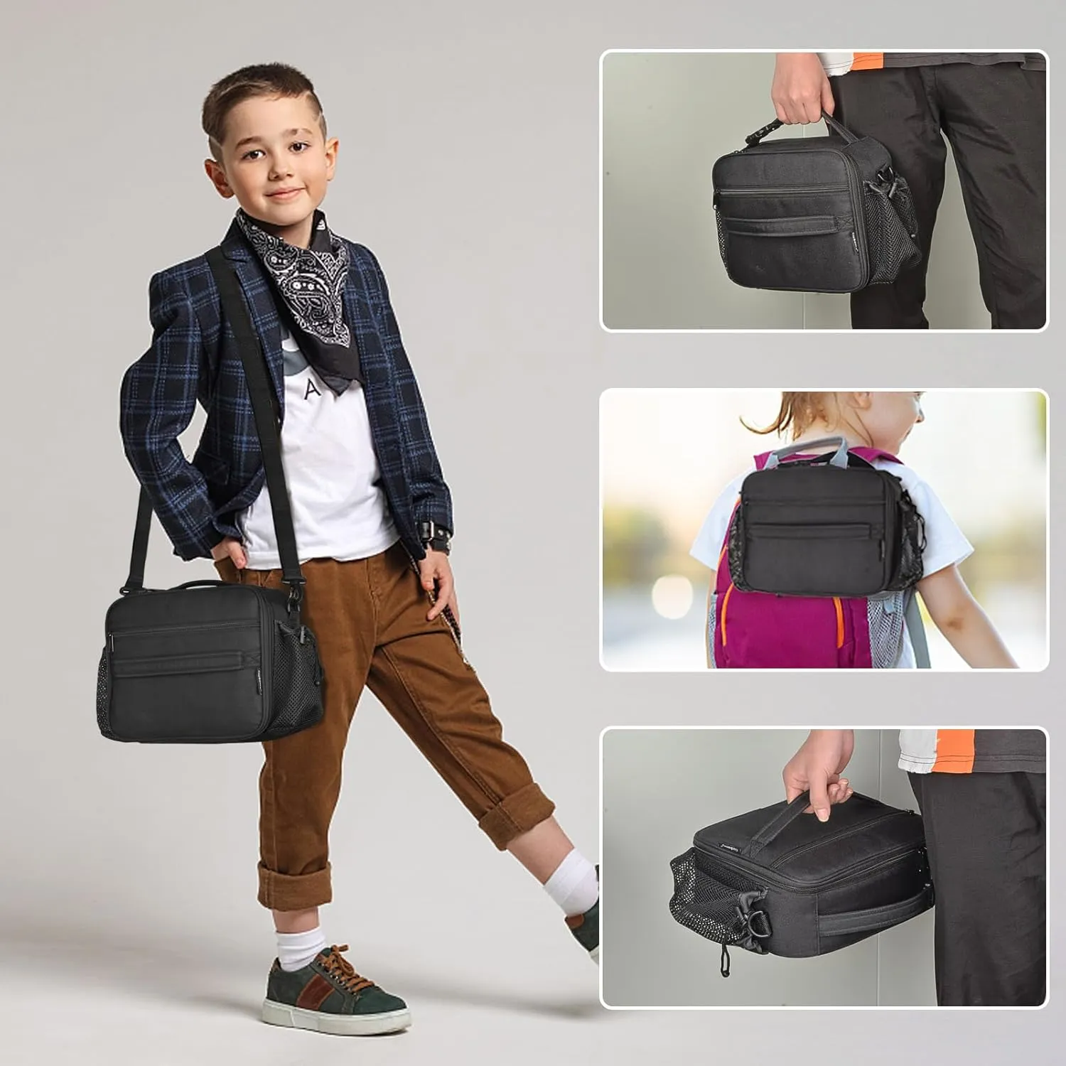 Cerbonny Kids Lunch Box, Insulated Lunch Bag for Girls and Boys, Durable Polyester with PEVA Lining, Adjustable Shoulder Strap, 10.8"L x 4"W x 8.8"H, 5 Pockets