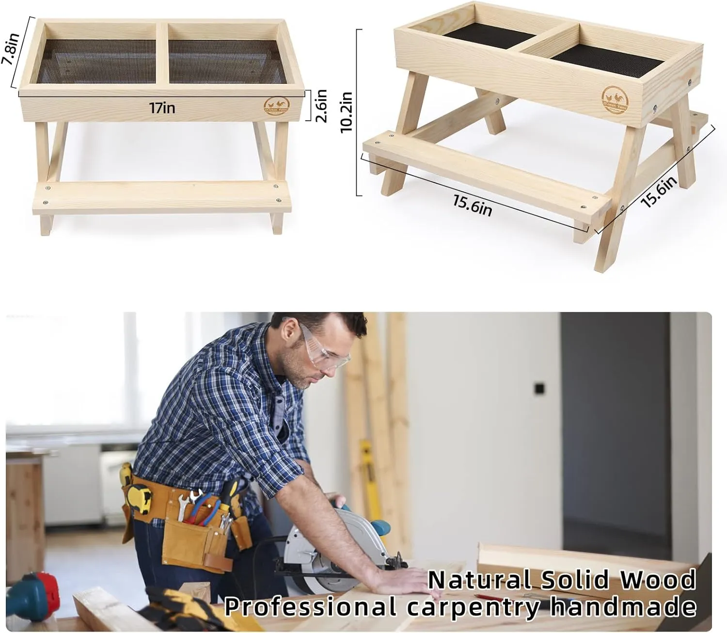 Chicken Picnic Table No Waste, Large Chicken Feeder Handmade Wooden, DIY Chicken Table Feeder Kit, Wild Bird, Duck & Squirrel Feeders No Mess, Mesh Bottom Keep Food Fresh and Dry Easy to Clean Fill