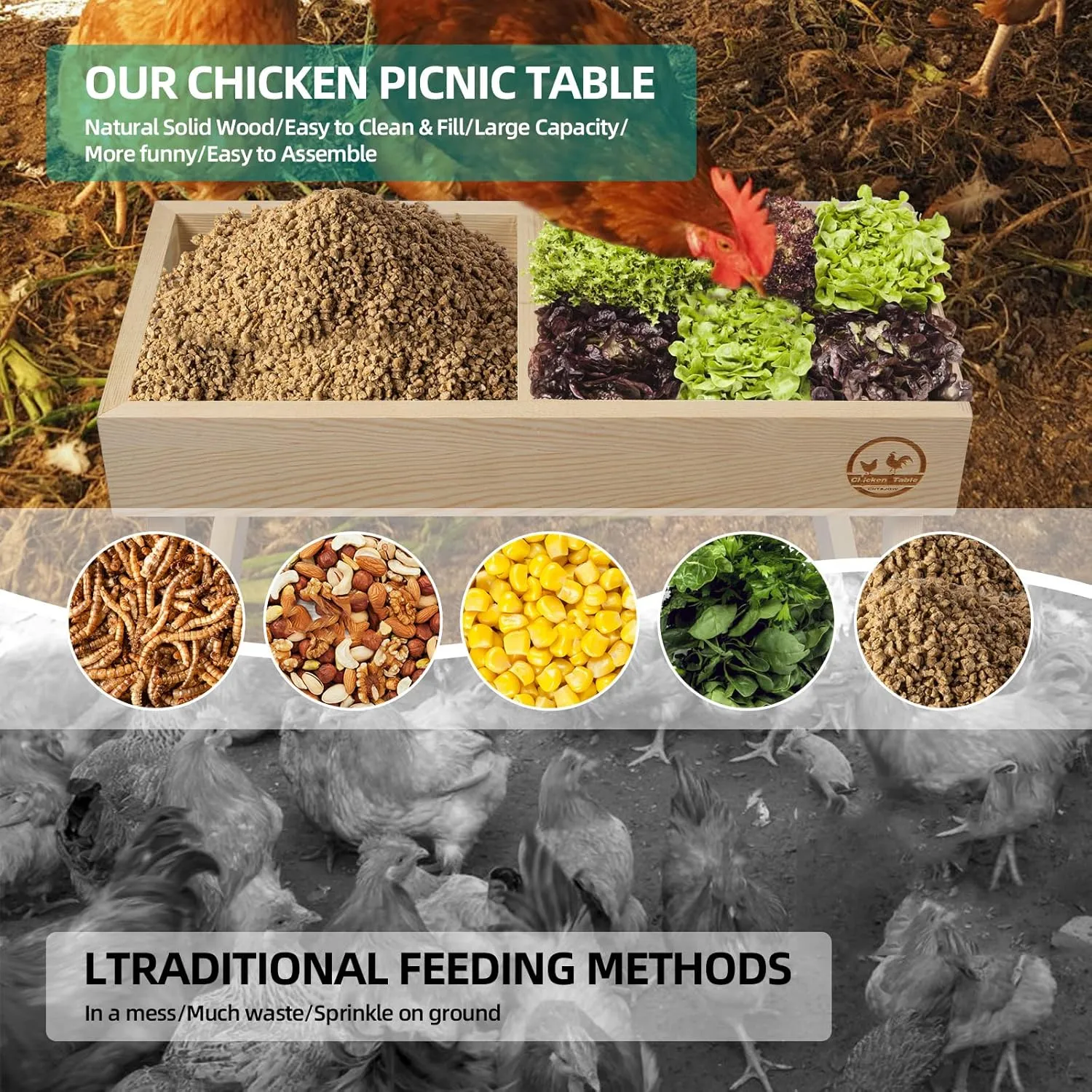 Chicken Picnic Table No Waste, Large Chicken Feeder Handmade Wooden, DIY Chicken Table Feeder Kit, Wild Bird, Duck & Squirrel Feeders No Mess, Mesh Bottom Keep Food Fresh and Dry Easy to Clean Fill