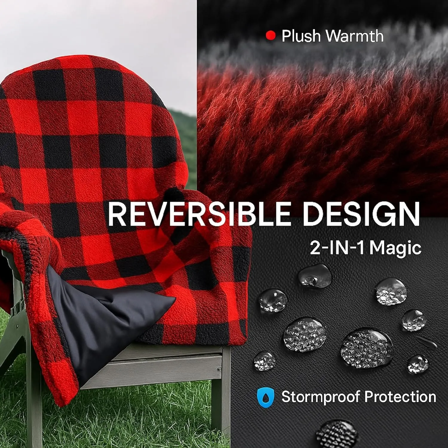 CITYBONFIRES The Chair Blanket – Reversible, Waterproof & Sherpa-Lined - Original Patio Chair Cover – Ideal for homes and outdoor furniture covers. Soft, Warm, Compact with Carry Pouch – Buffalo Plaid