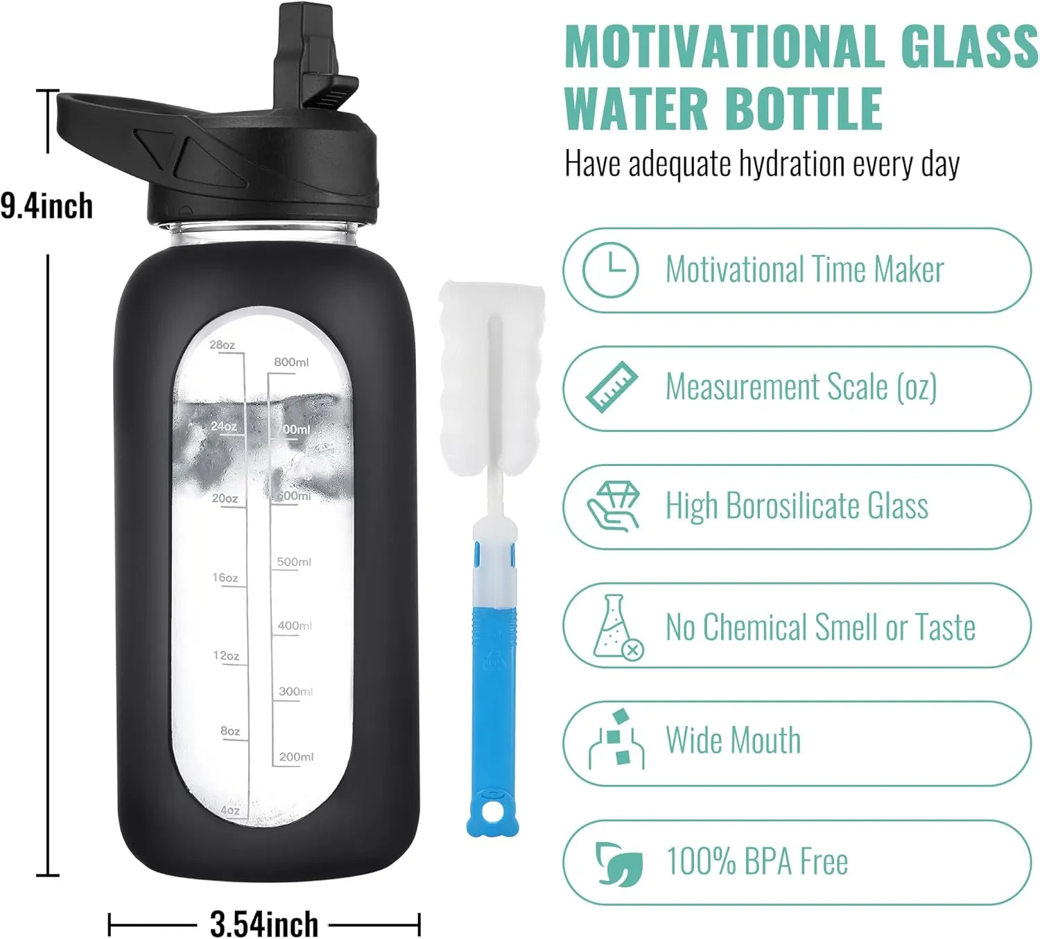 CIVAGO 40 oz Glass Water Bottle with Straw and Handle, Large Sports Motivational Water Bottle Flask with Time Marker and 2 Lids, Leakproof Water Jug Canteen with Silicone Sleeve for Gym,Beige