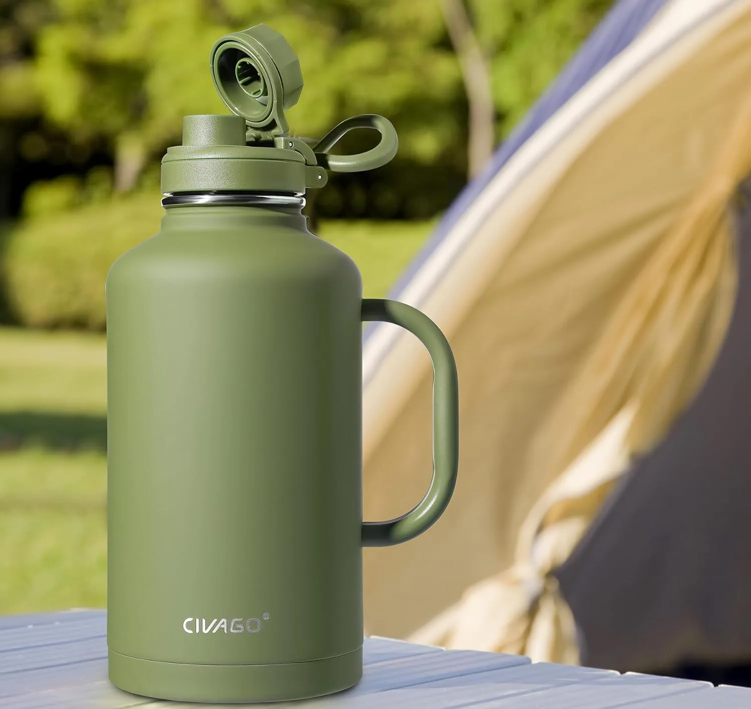 CIVAGO 64 oz Insulated Water Bottle Jug with Straw and Handle, Half Gallon Stainless Steel Water Flask, Large Sports Metal Water Bottle with Straw Lid (3 Lids), Big Thermal Mug Cup, Army Green