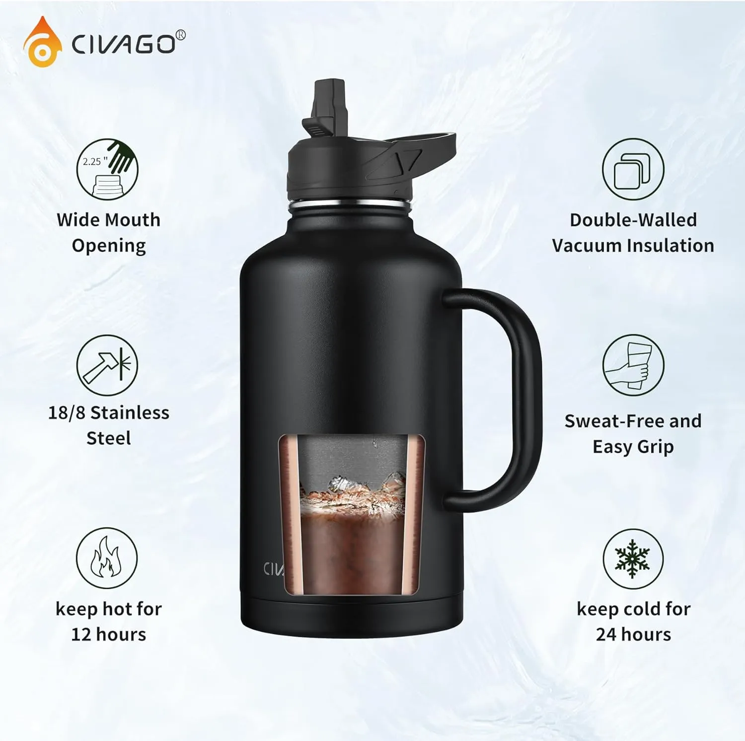 CIVAGO 64 oz Insulated Water Bottle Jug with Straw and Handle, Half Gallon Stainless Steel Water Flask, Large Sports Metal Water Bottle with Straw Lid (3 Lids), Big Thermal Mug Cup, Army Green