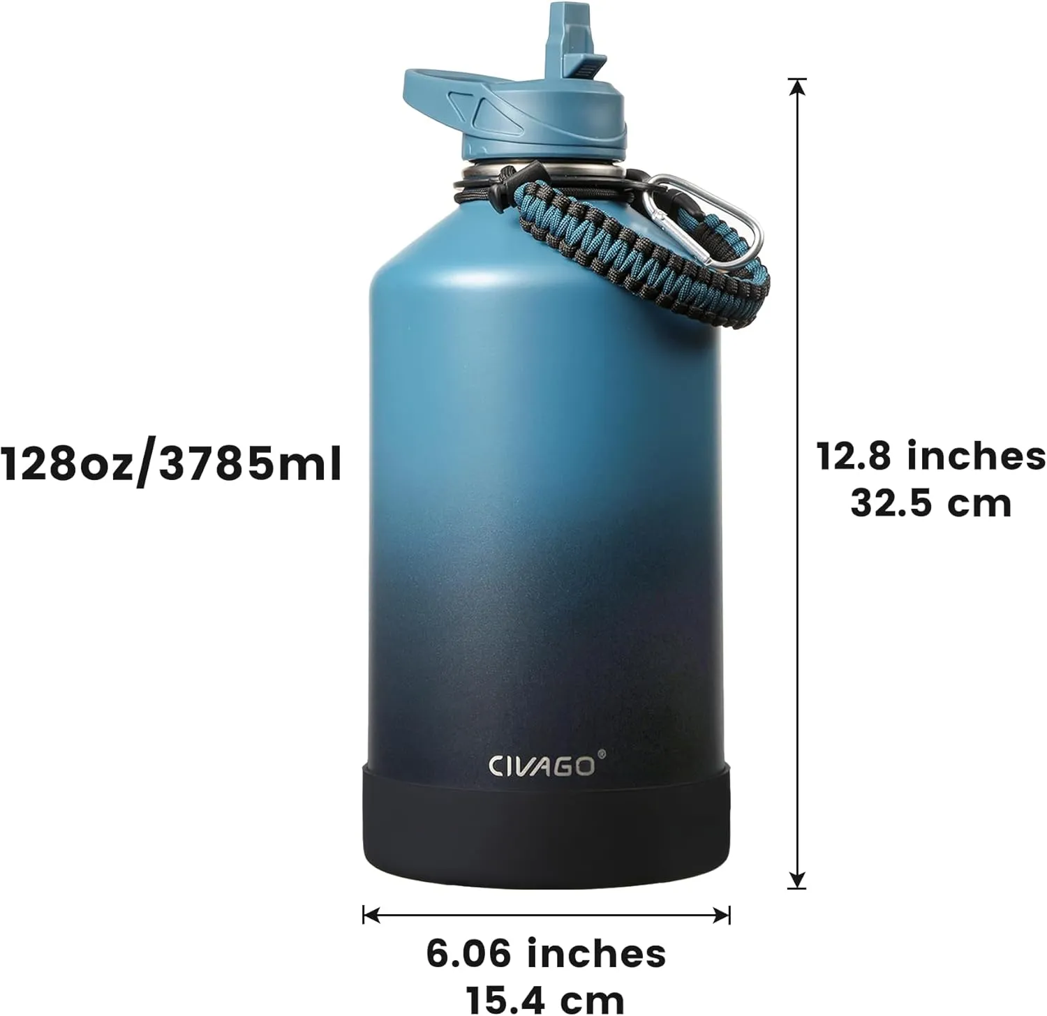 CIVAGO Gallon Insulated Water Bottle Jug with Straw, 128 oz Large Stainless Steel Water Flask, Big Metal Thermal Mug with 3 Lids for Sports, Travel, Gym, and Camping, Army Green