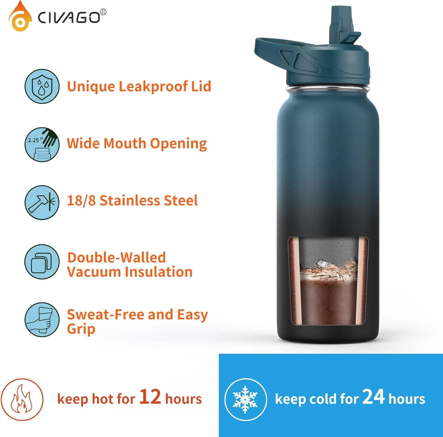 CIVAGO Gallon Insulated Water Bottle Jug with Straw, 128 oz Large Stainless Steel Water Flask, Big Metal Thermal Mug with 3 Lids for Sports, Travel, Gym, and Camping, Army Green
