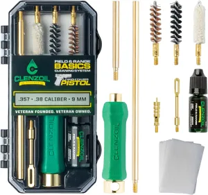 Clenzoil Pistol Basics Single-Caliber Cleaning Kit - All-in-One Gun Cleaning Kit - Gun Maintenance & Firearm Care - with Bore Brushes, Gun Oil & More - for 38 Caliber & 9 mm Pistols