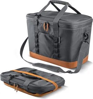CleverMade Collapsible Cooler Bag, 50 Can Beach & Travel Car Cooler, Folding Soft Cooler, Shoulder Strap, Bottle Opener, Great Car Coolers for Travel, Leak Proof Cooler Bag [Cool Gray/Cognac]