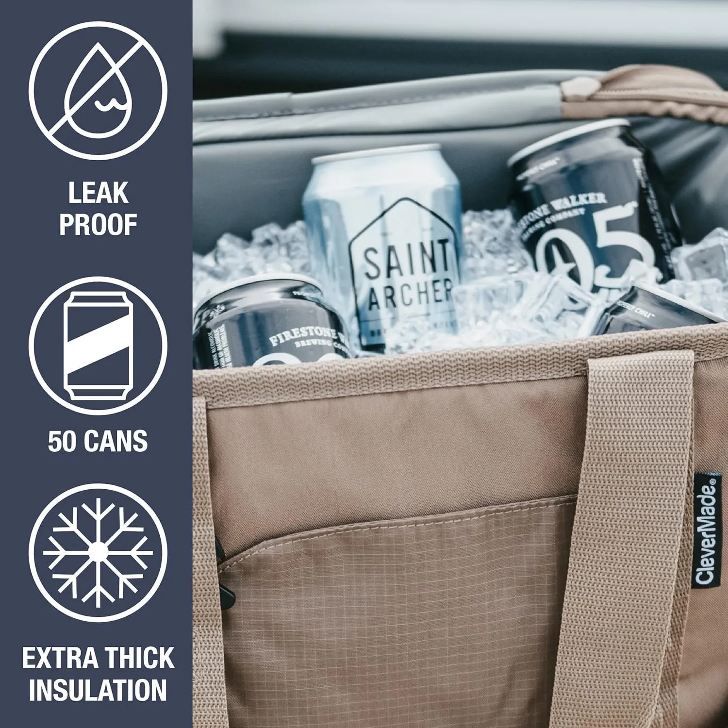 CleverMade Collapsible Cooler Bag, 50 Can Beach & Travel Car Cooler, Folding Soft Cooler, Shoulder Strap, Bottle Opener, Great Car Coolers for Travel, Leak Proof Cooler Bag [Cool Gray/Cognac]