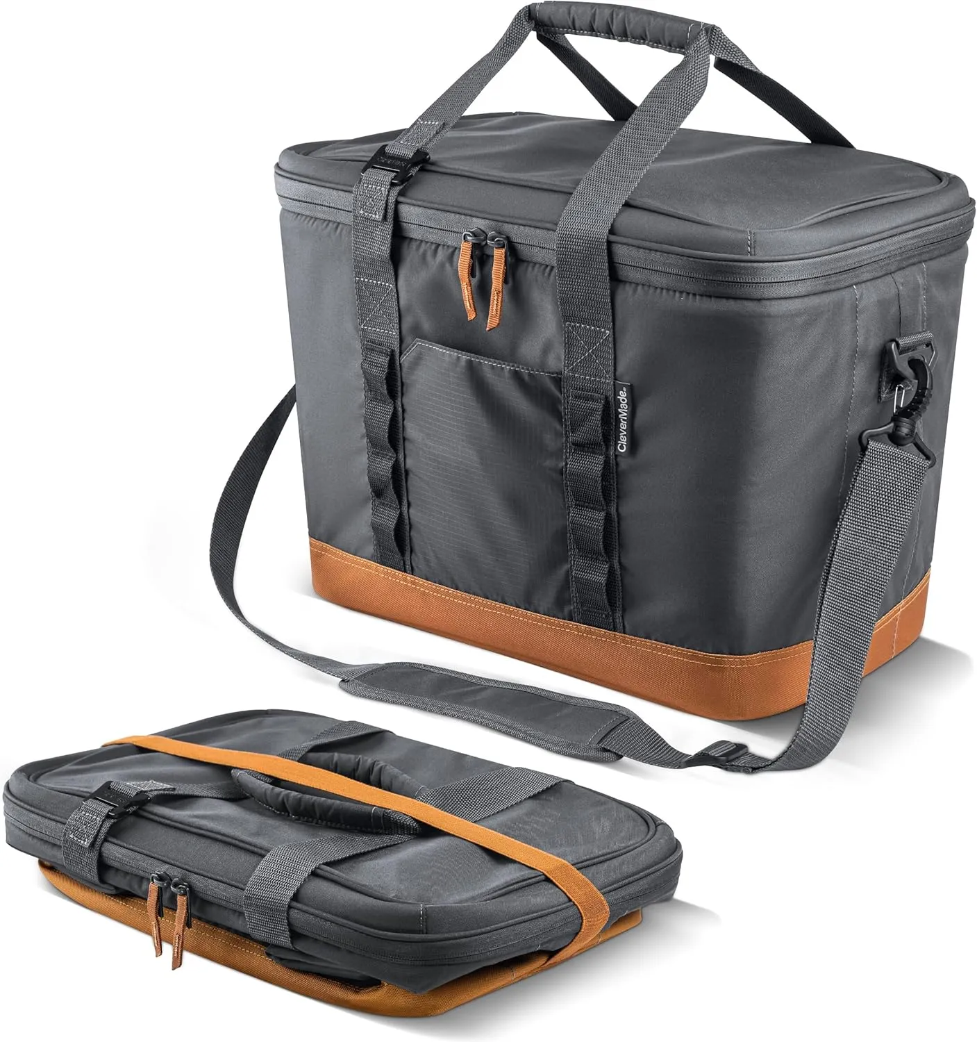 CleverMade Collapsible Cooler Bag, 50 Can Beach & Travel Car Cooler, Folding Soft Cooler, Shoulder Strap, Bottle Opener, Great Car Coolers for Travel, Leak Proof Cooler Bag [Cool Gray/Cognac]