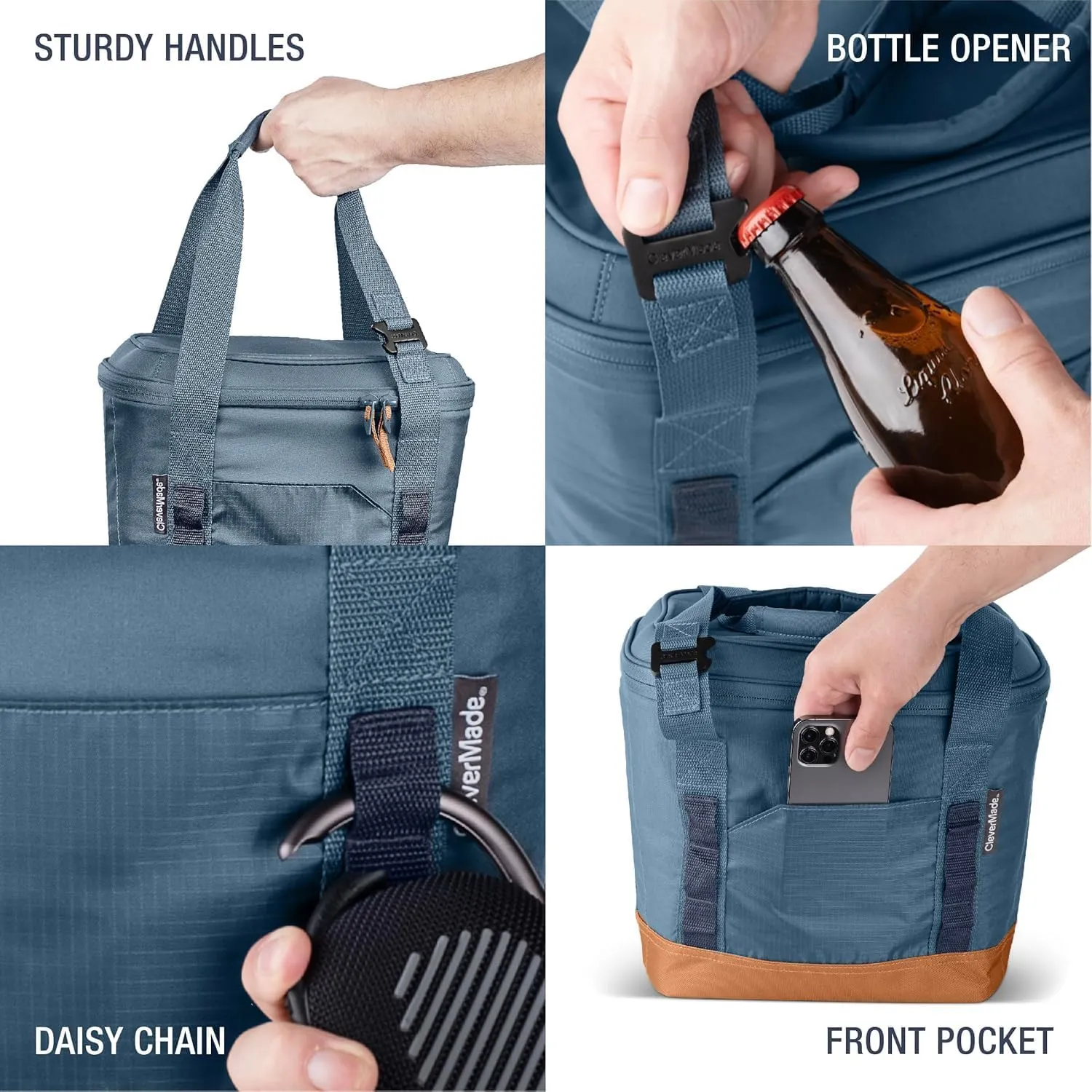 CleverMade Collapsible Cooler Bag, 50 Can Beach & Travel Car Cooler, Folding Soft Cooler, Shoulder Strap, Bottle Opener, Great Car Coolers for Travel, Leak Proof Cooler Bag [Cool Gray/Cognac]