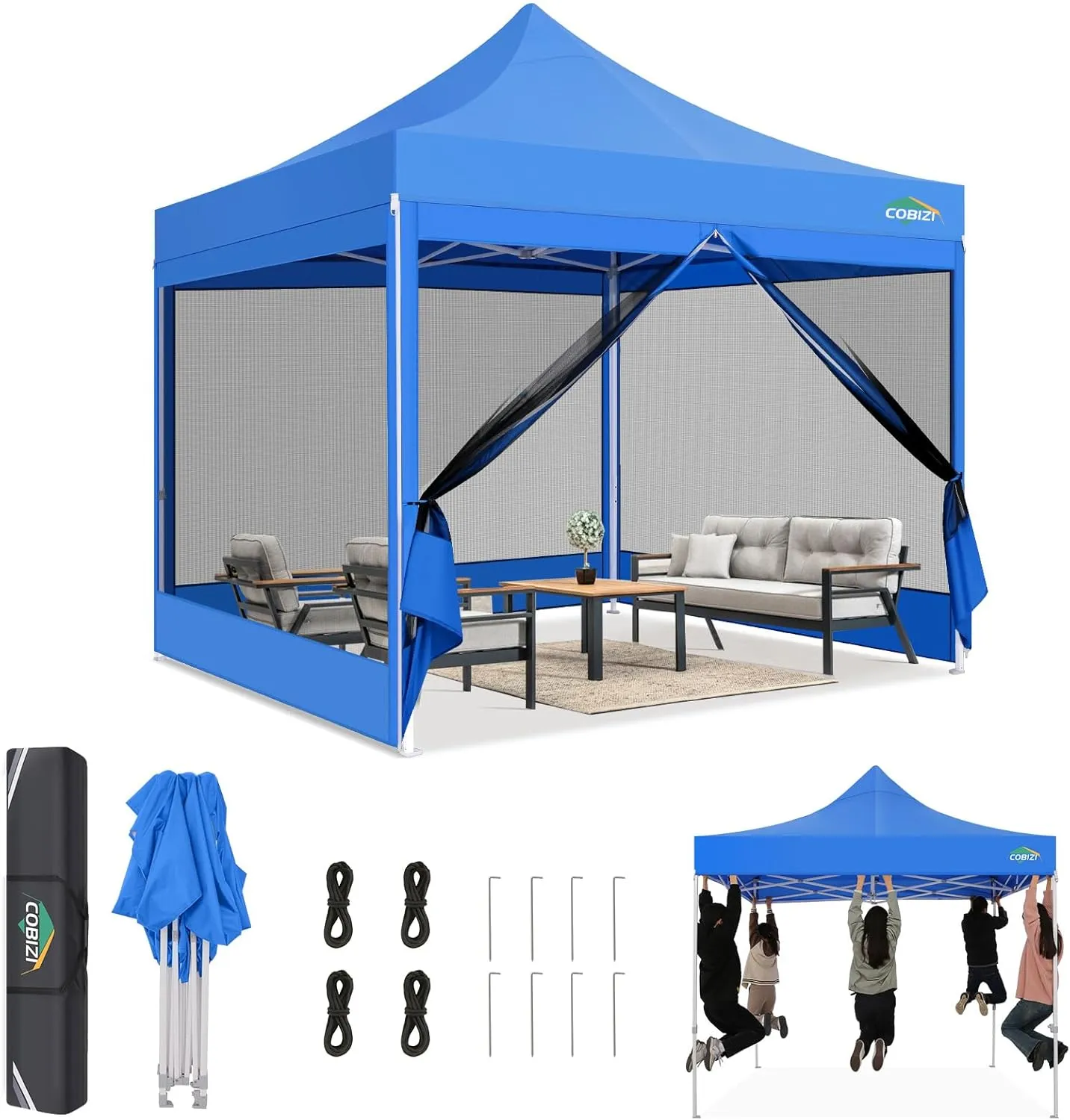COBIZI 10x10 Canopy Tent, Heavy Duty Pop up Canopy with Sidewalls, Waterproof Easy Setup Canopy with Mosquito Netting, Outdoor Instant Screen Tents for Parties, Wedding, Backyard with Carry Bag, Blue