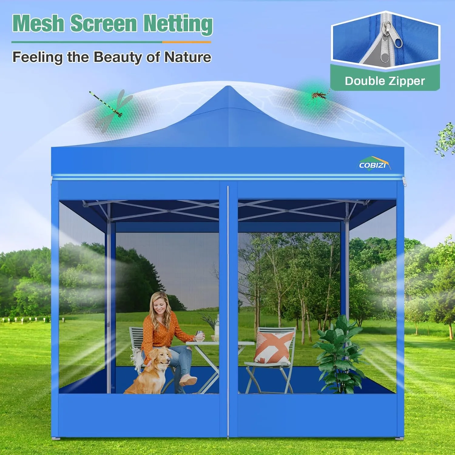 COBIZI 10x10 Canopy Tent, Heavy Duty Pop up Canopy with Sidewalls, Waterproof Easy Setup Canopy with Mosquito Netting, Outdoor Instant Screen Tents for Parties, Wedding, Backyard with Carry Bag, Blue