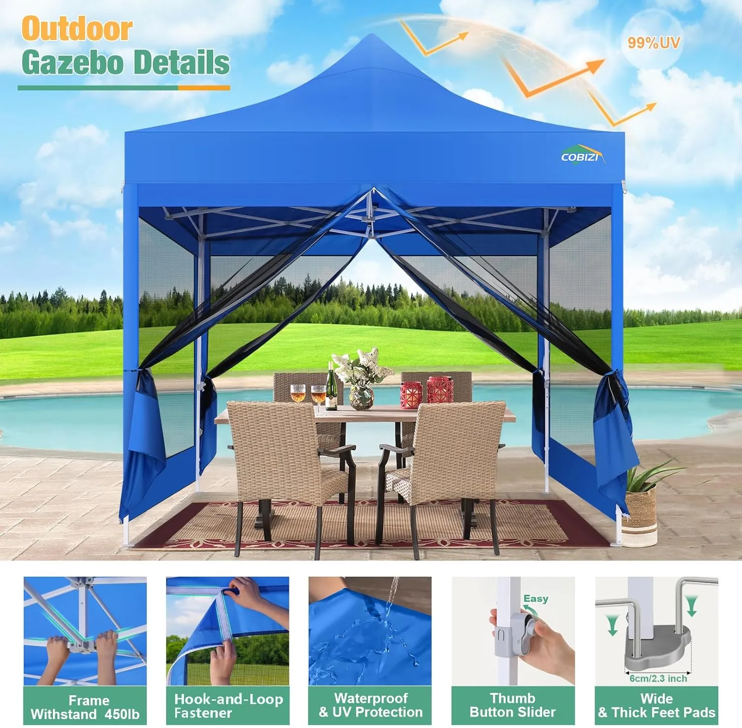 COBIZI 10x10 Canopy Tent, Heavy Duty Pop up Canopy with Sidewalls, Waterproof Easy Setup Canopy with Mosquito Netting, Outdoor Instant Screen Tents for Parties, Wedding, Backyard with Carry Bag, Blue