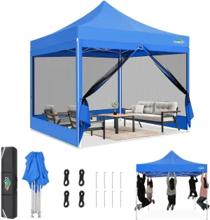 COBIZI 10x10 Canopy Tent, Heavy Duty Pop up Canopy with Sidewalls, Waterproof Easy Setup Canopy with Mosquito Netting, Outdoor Instant Screen Tents for Parties, Wedding, Backyard with Carry Bag, Blue