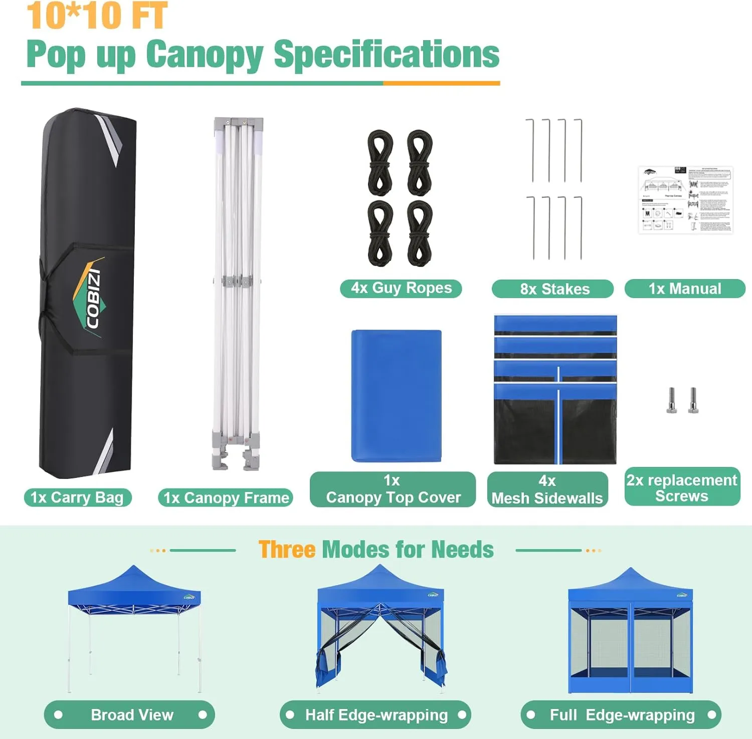 COBIZI 10x10 Canopy Tent, Heavy Duty Pop up Canopy with Sidewalls, Waterproof Easy Setup Canopy with Mosquito Netting, Outdoor Instant Screen Tents for Parties, Wedding, Backyard with Carry Bag, Blue