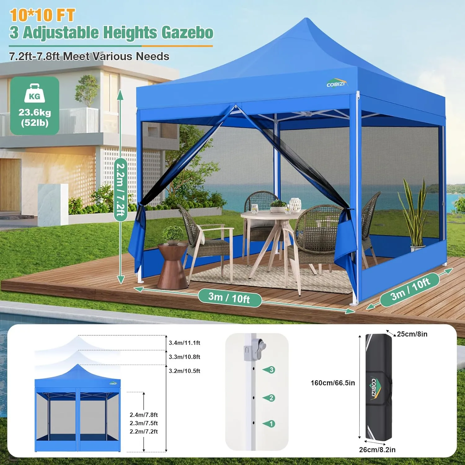 COBIZI 10x10 Canopy Tent, Heavy Duty Pop up Canopy with Sidewalls, Waterproof Easy Setup Canopy with Mosquito Netting, Outdoor Instant Screen Tents for Parties, Wedding, Backyard with Carry Bag, Blue