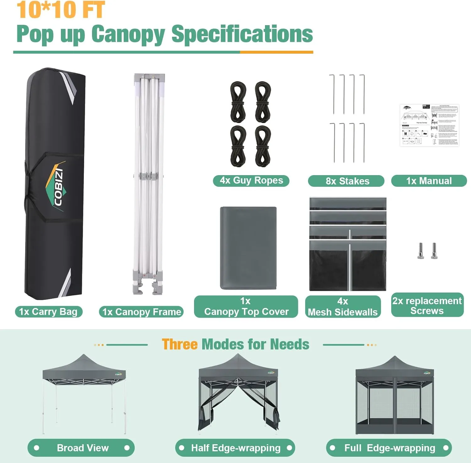 COBIZI 10x10 Canopy Tent, Heavy Duty Pop up Canopy with Sidewalls, Waterproof Easy Setup Tent with Mosquito Netting, Outdoor Instant Screen Tents for Parties, Wedding, Backyard with Carry Bag, Gray