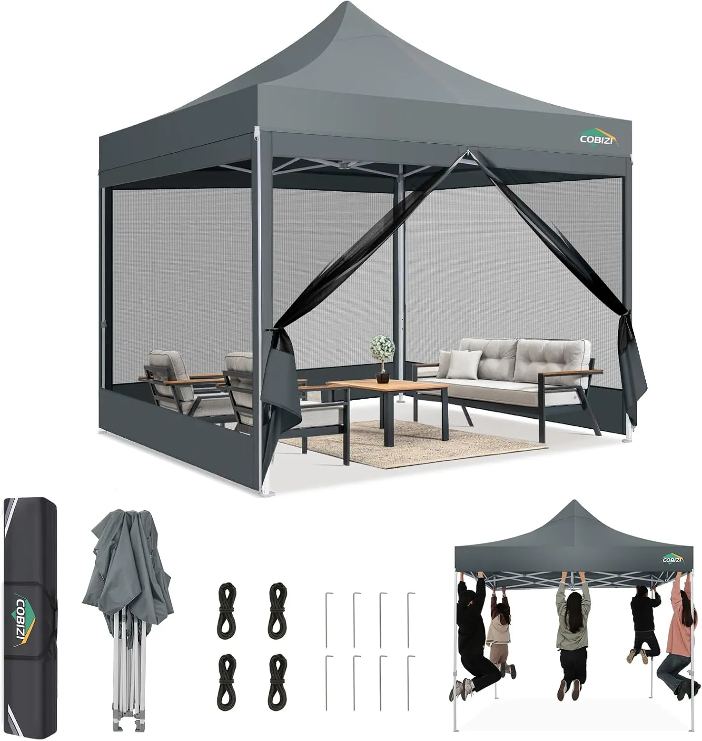 COBIZI 10x10 Canopy Tent, Heavy Duty Pop up Canopy with Sidewalls, Waterproof Easy Setup Tent with Mosquito Netting, Outdoor Instant Screen Tents for Parties, Wedding, Backyard with Carry Bag, Gray