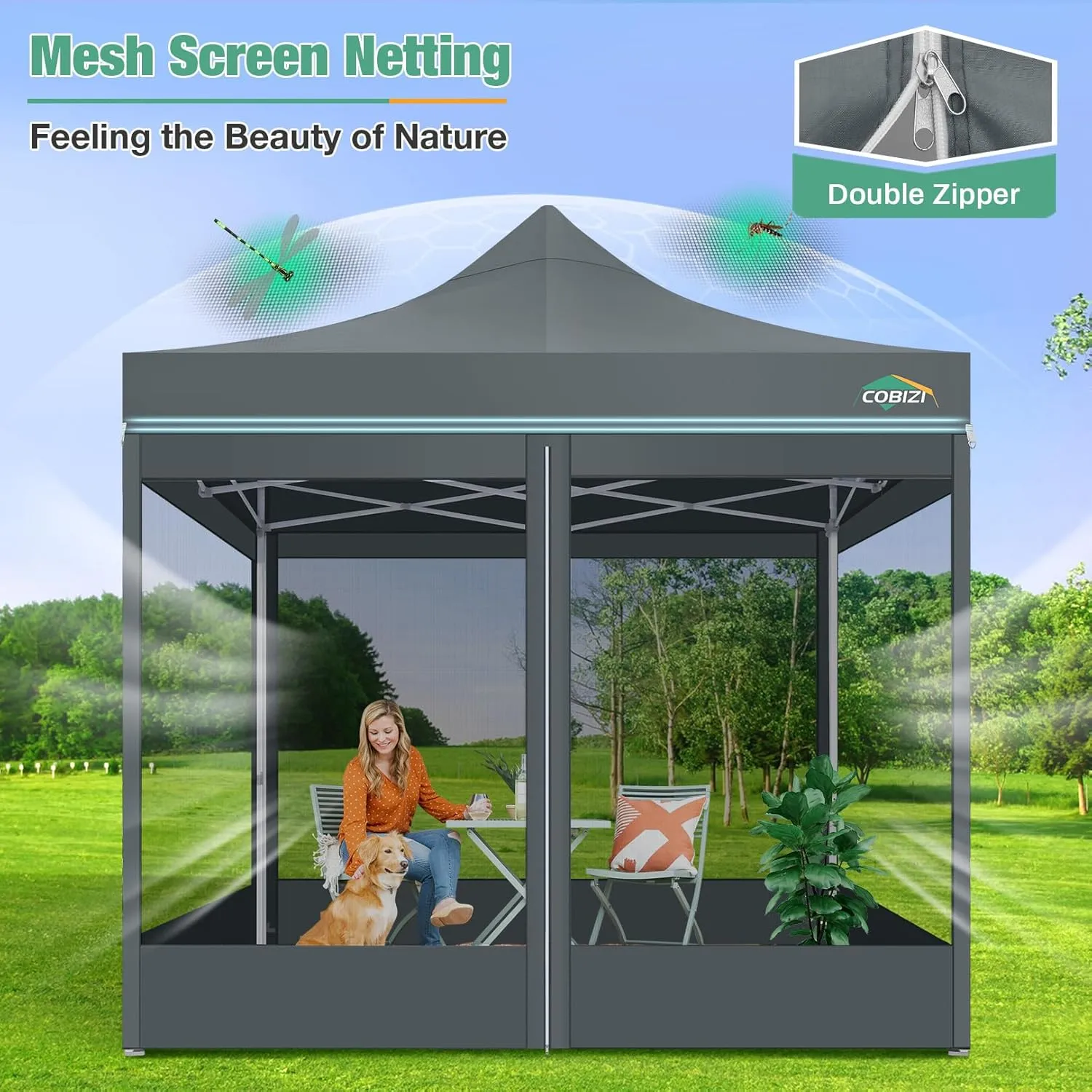 COBIZI 10x10 Canopy Tent, Heavy Duty Pop up Canopy with Sidewalls, Waterproof Easy Setup Tent with Mosquito Netting, Outdoor Instant Screen Tents for Parties, Wedding, Backyard with Carry Bag, Gray