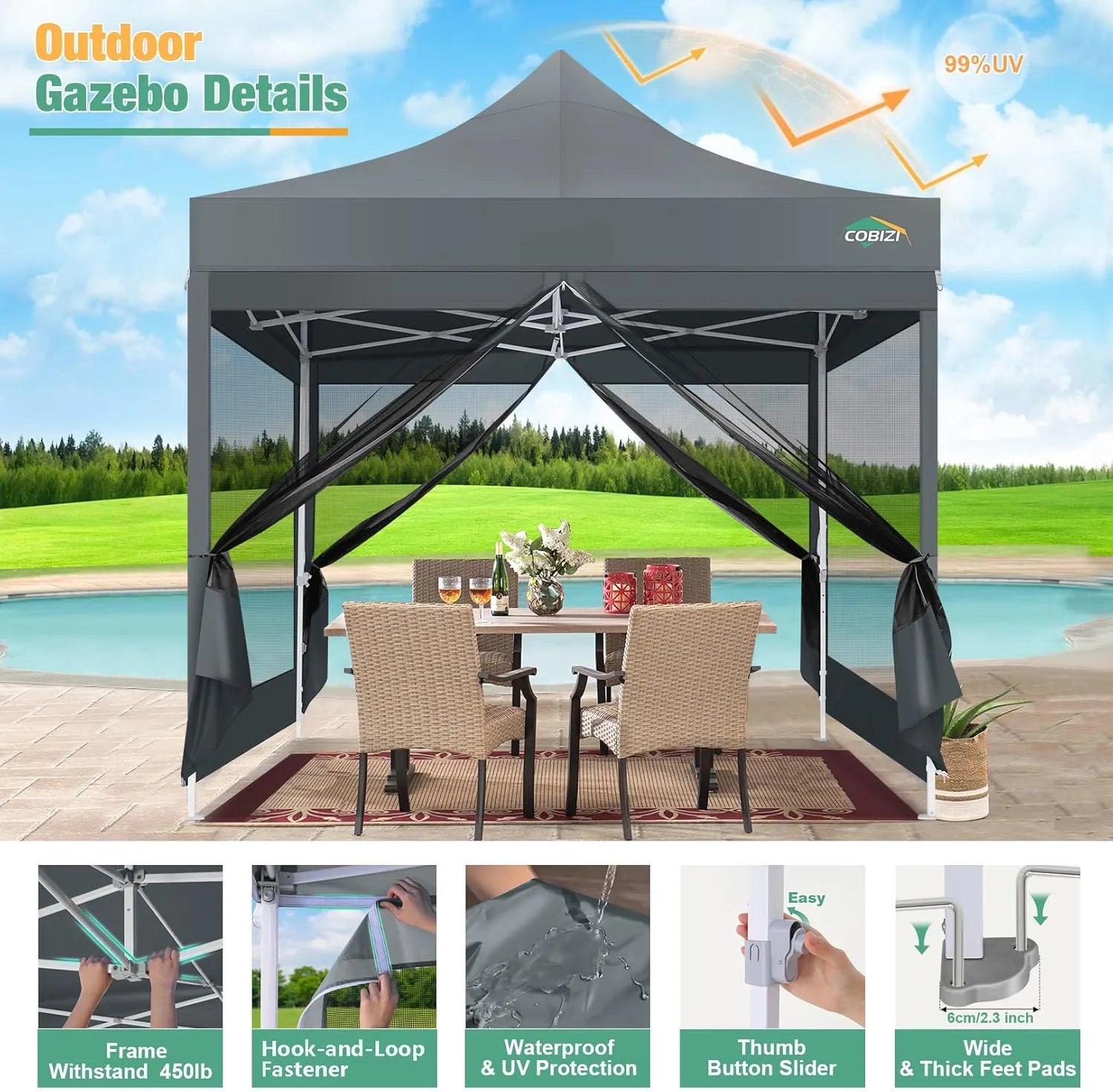 COBIZI 10x10 Canopy Tent, Heavy Duty Pop up Canopy with Sidewalls, Waterproof Easy Setup Tent with Mosquito Netting, Outdoor Instant Screen Tents for Parties, Wedding, Backyard with Carry Bag, Gray
