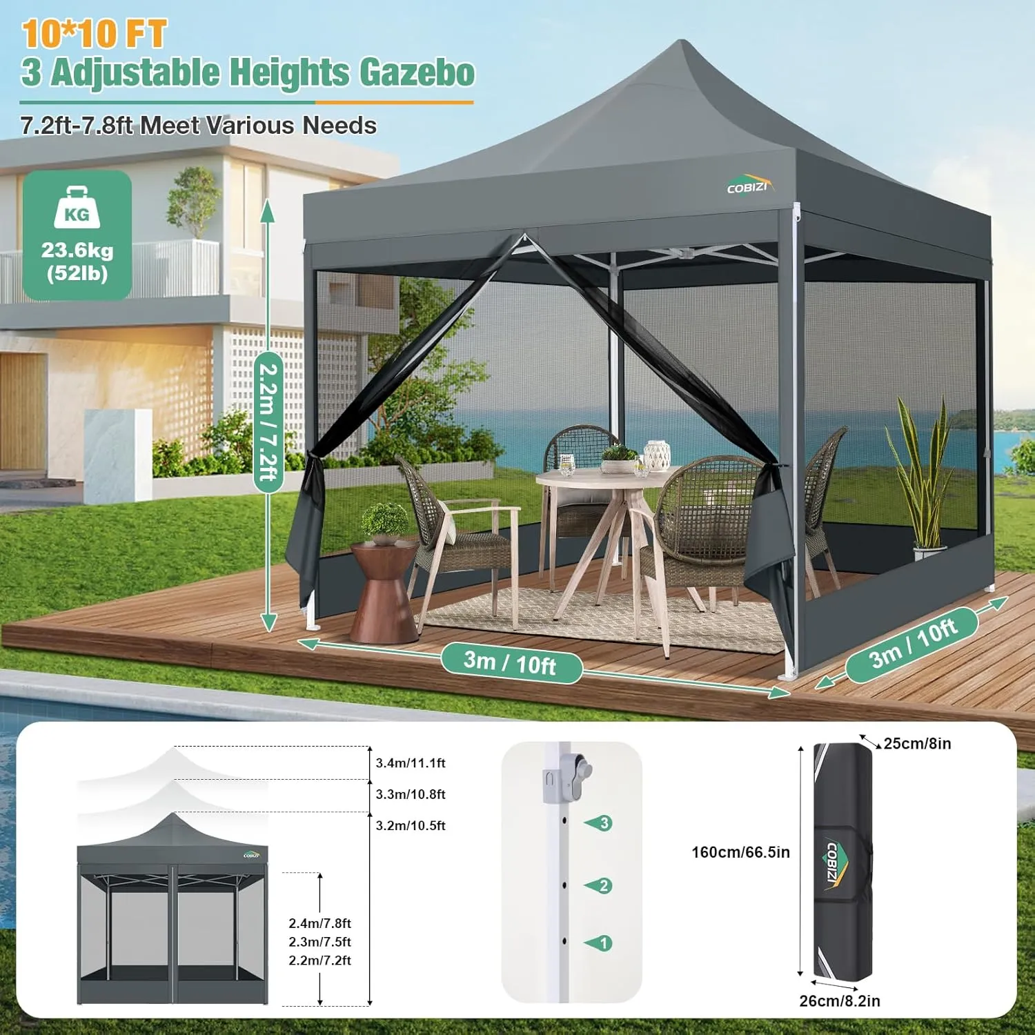 COBIZI 10x10 Canopy Tent, Heavy Duty Pop up Canopy with Sidewalls, Waterproof Easy Setup Tent with Mosquito Netting, Outdoor Instant Screen Tents for Parties, Wedding, Backyard with Carry Bag, Gray