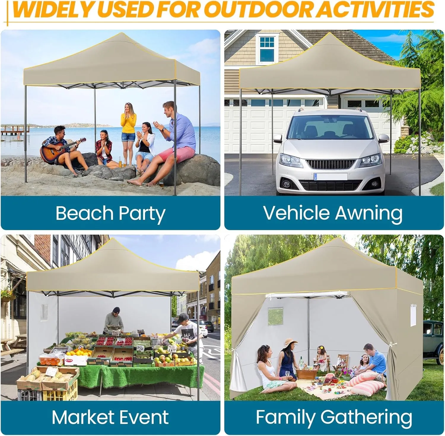 COBIZI 10x10 Pop Up Canopy Tent Commercial Heavy Duty Instant Canopy with 4 Sidewalls, UV 50  Silver Coated Waterproof Vendor, Portable Shelter with Carry Bag, Event Tent for Parties, Khaki