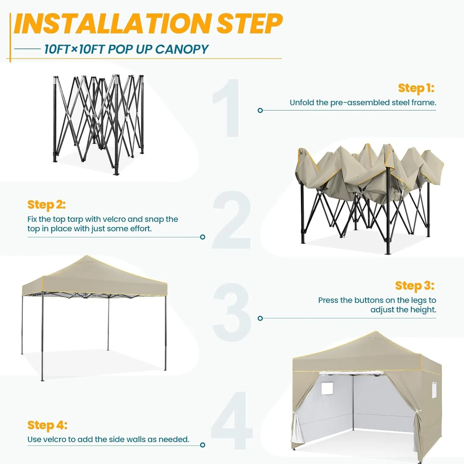 COBIZI 10x10 Pop Up Canopy Tent Commercial Heavy Duty Instant Canopy with 4 Sidewalls, UV 50  Silver Coated Waterproof Vendor, Portable Shelter with Carry Bag, Event Tent for Parties, Khaki