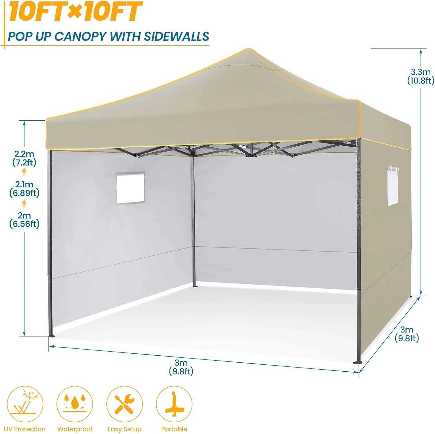 COBIZI 10x10 Pop Up Canopy Tent Commercial Heavy Duty Instant Canopy with 4 Sidewalls, UV 50  Silver Coated Waterproof Vendor, Portable Shelter with Carry Bag, Event Tent for Parties, Khaki