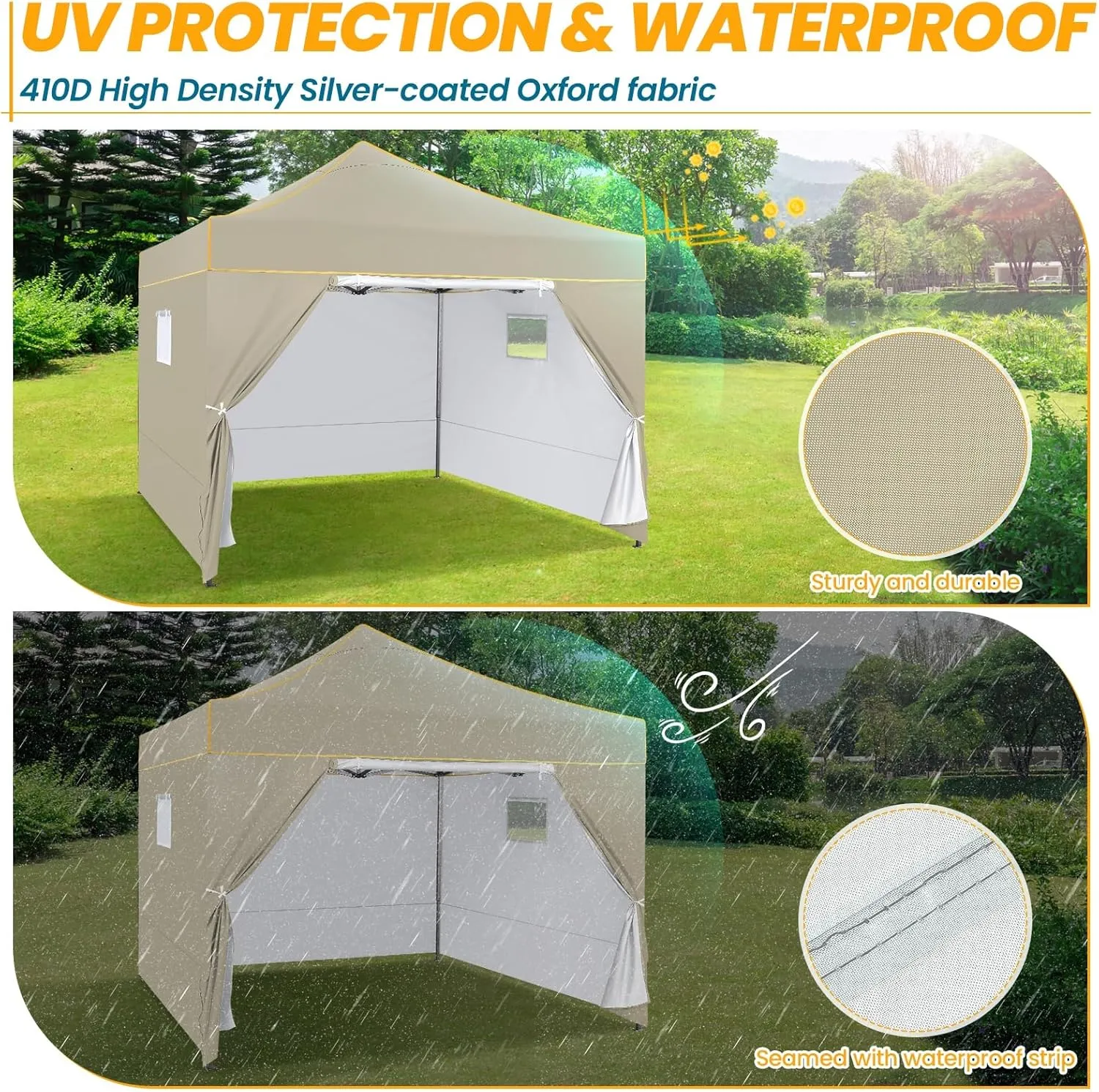 COBIZI 10x10 Pop Up Canopy Tent Commercial Heavy Duty Instant Canopy with 4 Sidewalls, UV 50  Silver Coated Waterproof Vendor, Portable Shelter with Carry Bag, Event Tent for Parties, Khaki