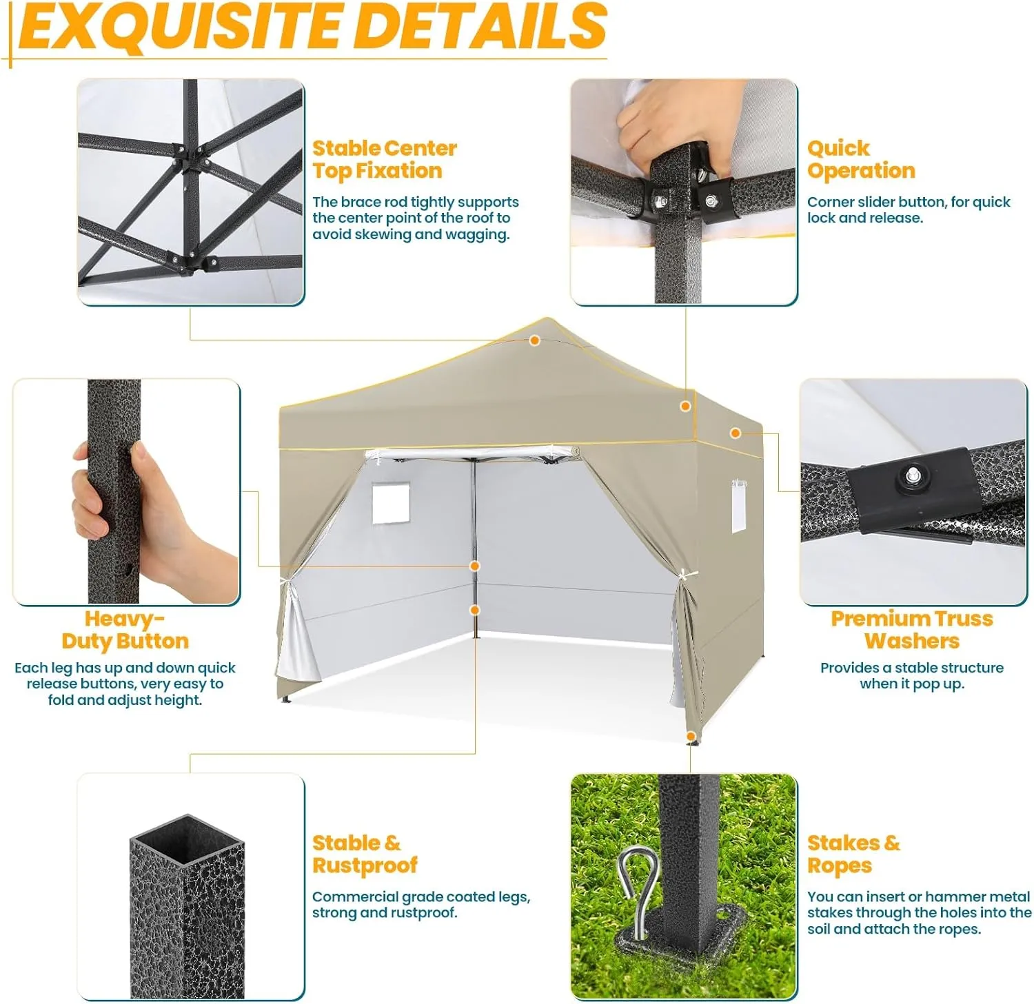 COBIZI 10x10 Pop Up Canopy Tent Commercial Heavy Duty Instant Canopy with 4 Sidewalls, UV 50  Silver Coated Waterproof Vendor, Portable Shelter with Carry Bag, Event Tent for Parties, Khaki