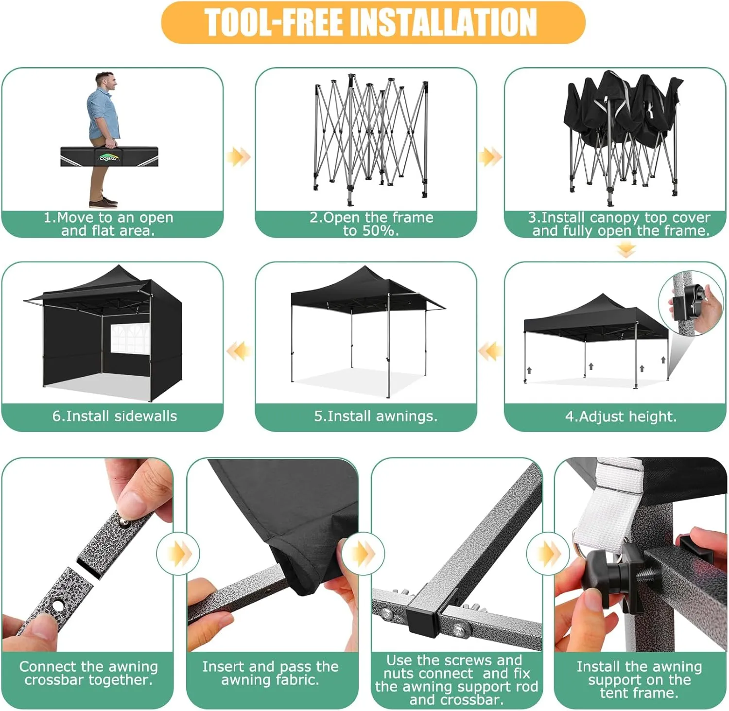 COBIZI 10x10 Pop Up Canopy Tent with Awning,Heavy Duty Canopy UPF 50  All Season Wind Waterproof Commercial Outdoor Street Vendors Party Tents for Parties Canopy with Carry Bag(10 x 10 ft Black)