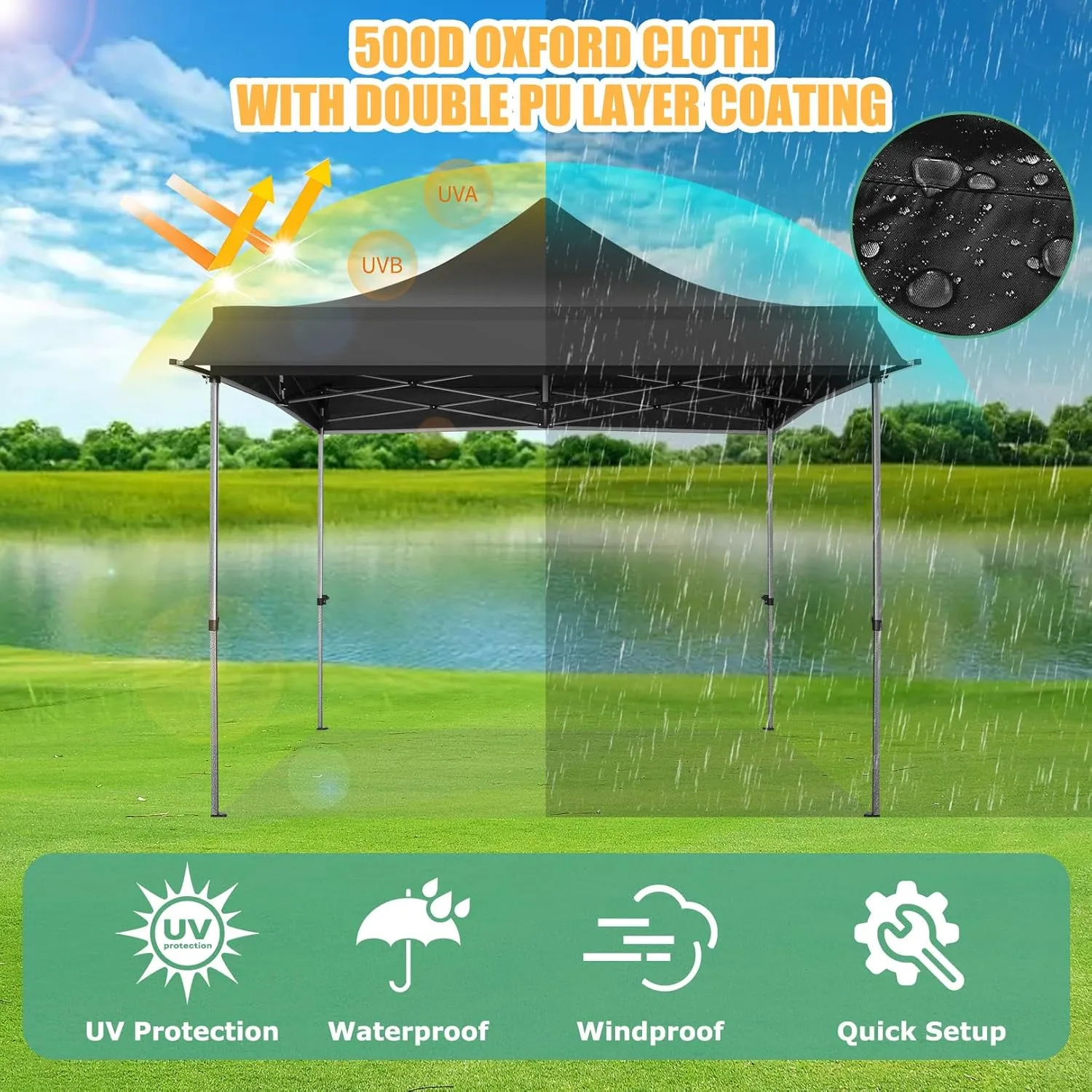 COBIZI 10x10 Pop Up Canopy Tent with Awning,Heavy Duty Canopy UPF 50  All Season Wind Waterproof Commercial Outdoor Street Vendors Party Tents for Parties Canopy with Carry Bag(10 x 10 ft Black)