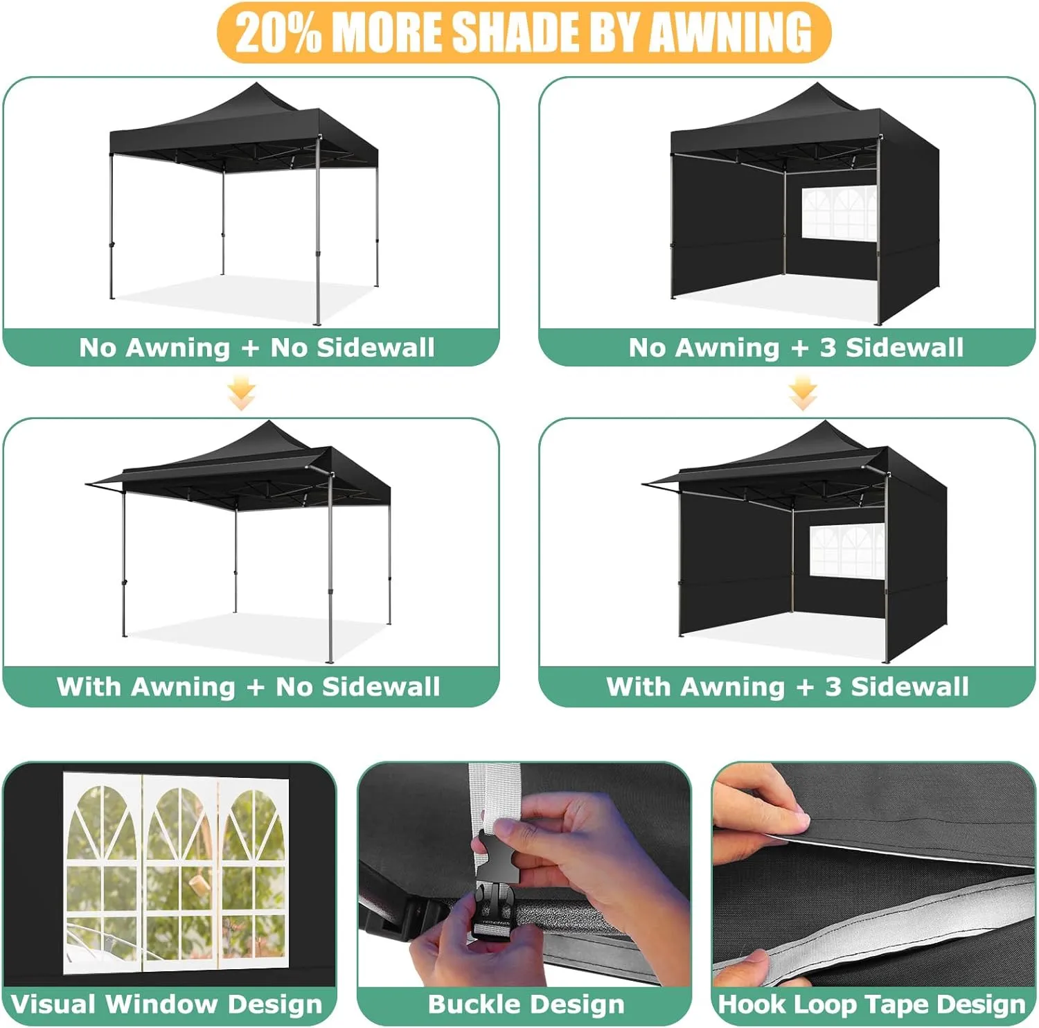 COBIZI 10x10 Pop Up Canopy Tent with Awning,Heavy Duty Canopy UPF 50  All Season Wind Waterproof Commercial Outdoor Street Vendors Party Tents for Parties Canopy with Carry Bag(10 x 10 ft Black)