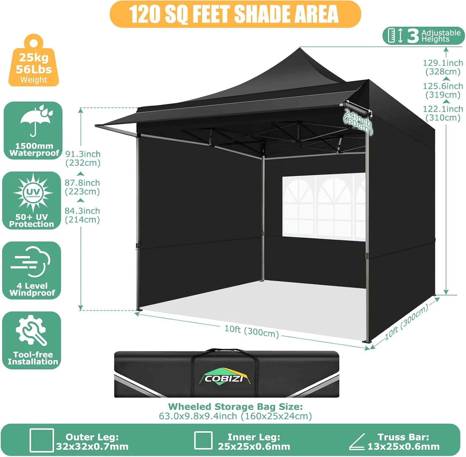 COBIZI 10x10 Pop Up Canopy Tent with Awning,Heavy Duty Canopy UPF 50  All Season Wind Waterproof Commercial Outdoor Street Vendors Party Tents for Parties Canopy with Carry Bag(10 x 10 ft Black)