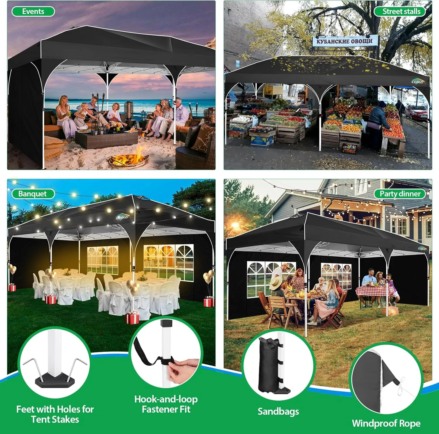COBIZI 10x20 Pop up Canopy Tent with 4 Sidewalls Outdoor Canopy Tent for Party with Push Center Lock & Air Vent, 2000mm Waterproof Gazebo Canopy UPF 50 with 4 Sandbags,12 Stakes & 6 Ropes,Black