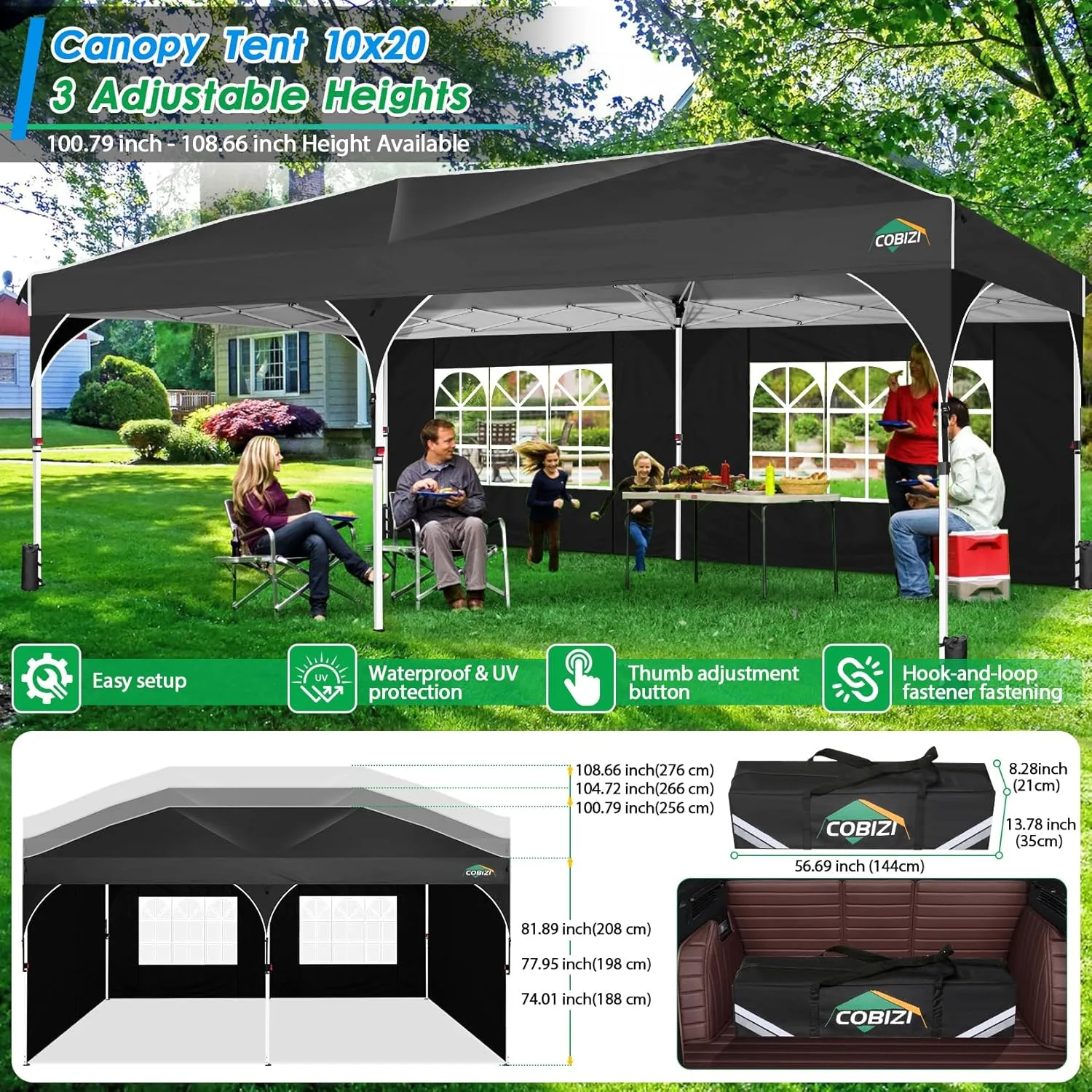 COBIZI 10x20 Pop up Canopy Tent with 4 Sidewalls Outdoor Canopy Tent for Party with Push Center Lock & Air Vent, 2000mm Waterproof Gazebo Canopy UPF 50 with 4 Sandbags,12 Stakes & 6 Ropes,Black