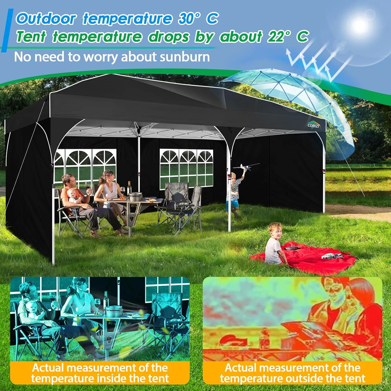 COBIZI 10x20 Pop up Canopy Tent with 4 Sidewalls Outdoor Canopy Tent for Party with Push Center Lock & Air Vent, 2000mm Waterproof Gazebo Canopy UPF 50 with 4 Sandbags,12 Stakes & 6 Ropes,Black