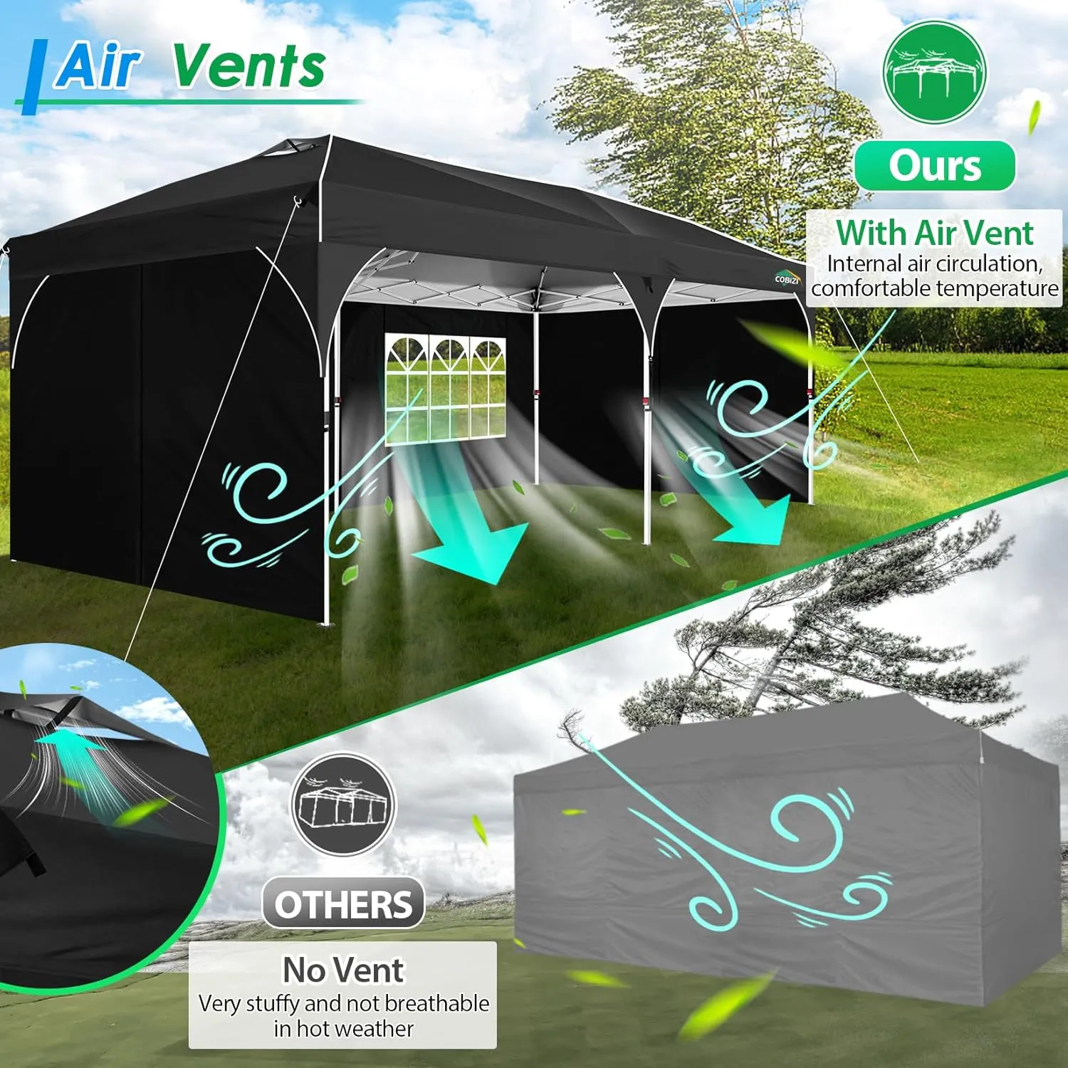 COBIZI 10x20 Pop up Canopy Tent with 4 Sidewalls Outdoor Canopy Tent for Party with Push Center Lock & Air Vent, 2000mm Waterproof Gazebo Canopy UPF 50 with 4 Sandbags,12 Stakes & 6 Ropes,Black